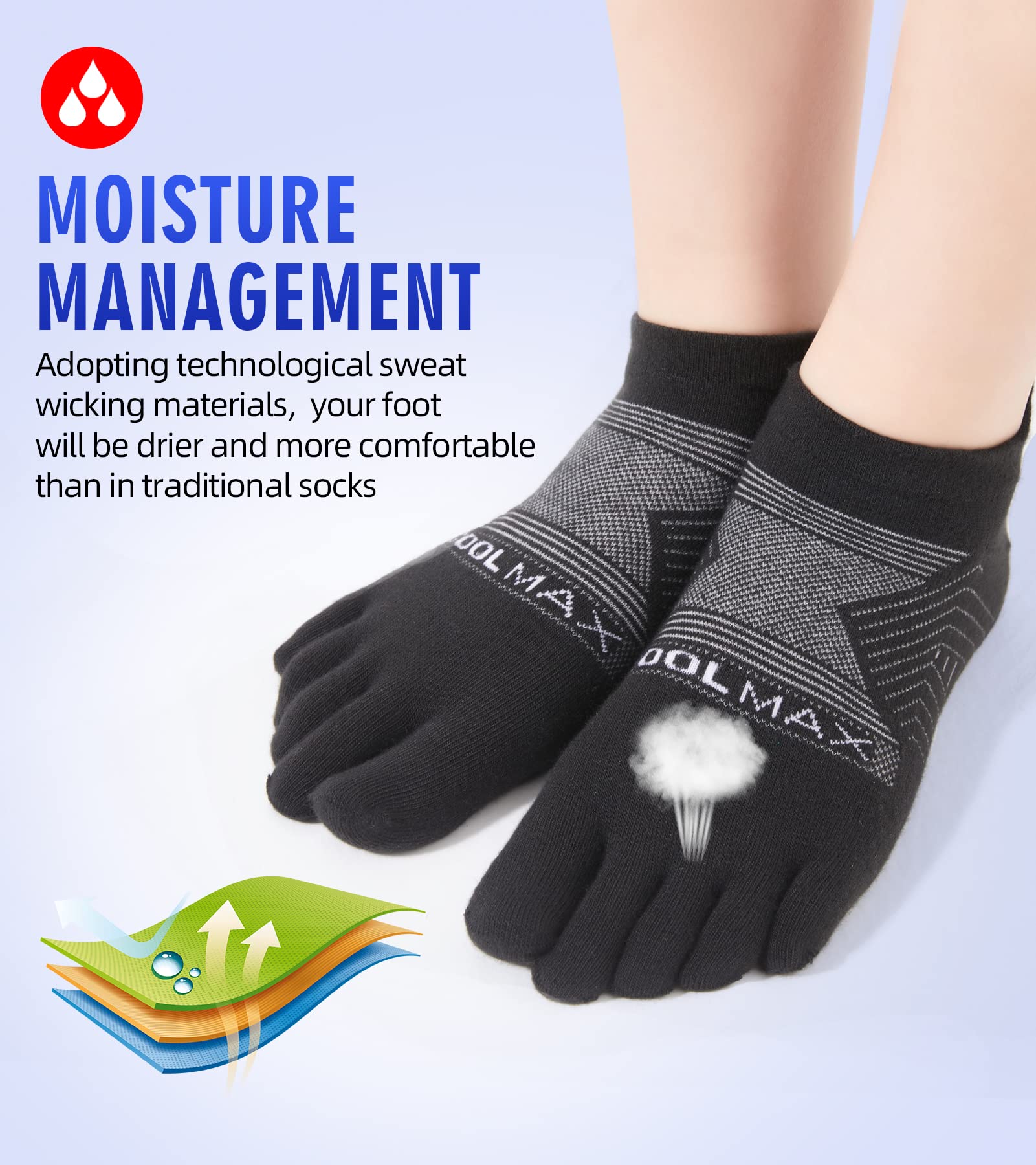 Coolmax - Calcetines de dedo para mujeres y hombres, corte bajo, alto rendimiento, 5 dedos, para correr, atléticos, absorben la humedad, paquete de 3, Gris claro, negro, gris, Small