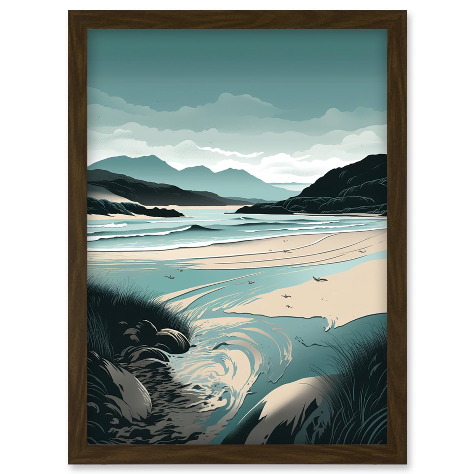 Artery8 Luskentyre Sands Coastal Landscape Illustration Artwork Framed Wall Art Print A4