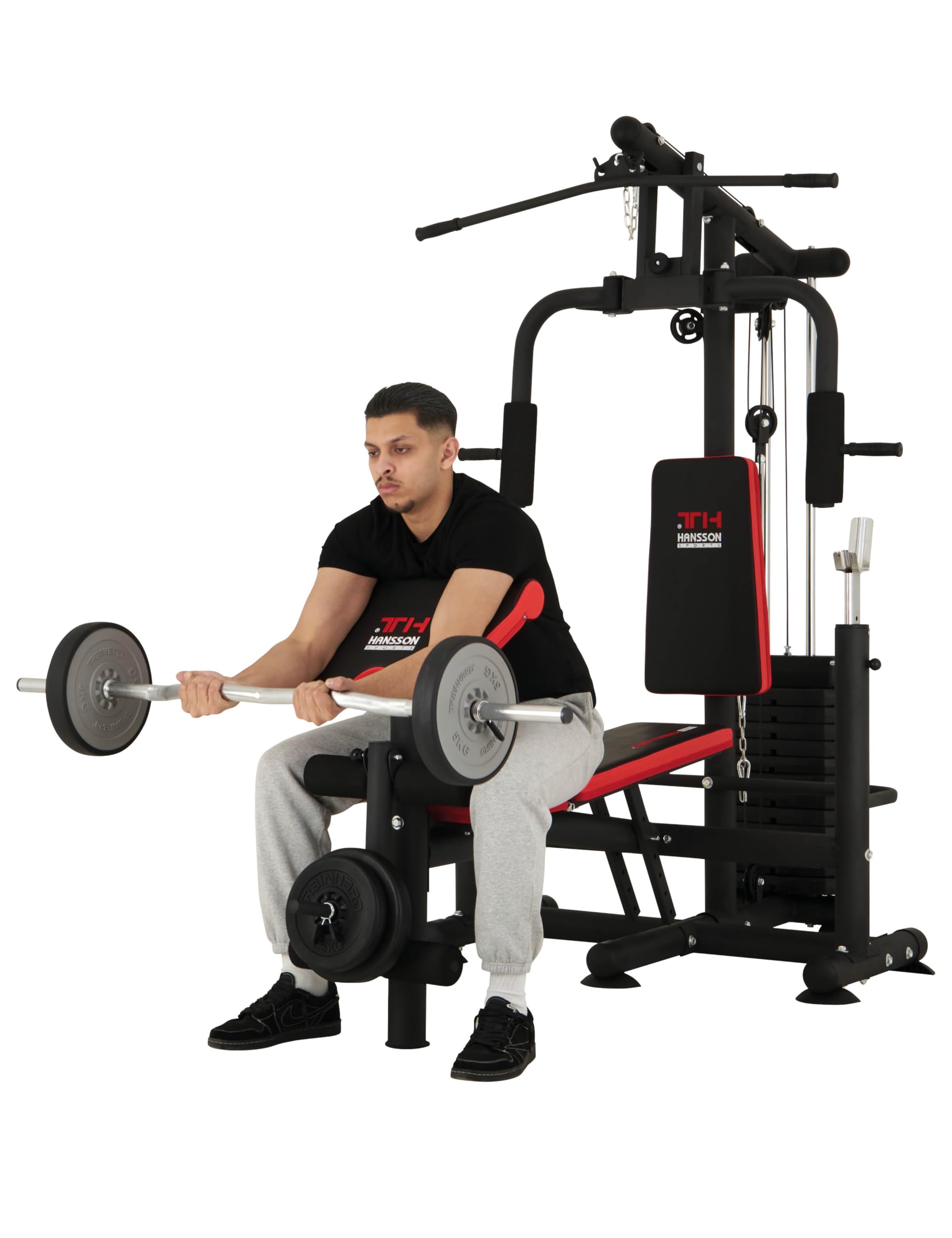 Hansson Sports® Universal Kraftstation Hantelbank Multifunktion mit Hantelablage Latzug Butterfly Beinstrecker Beinbeuger 65kg Gewichten klappbar