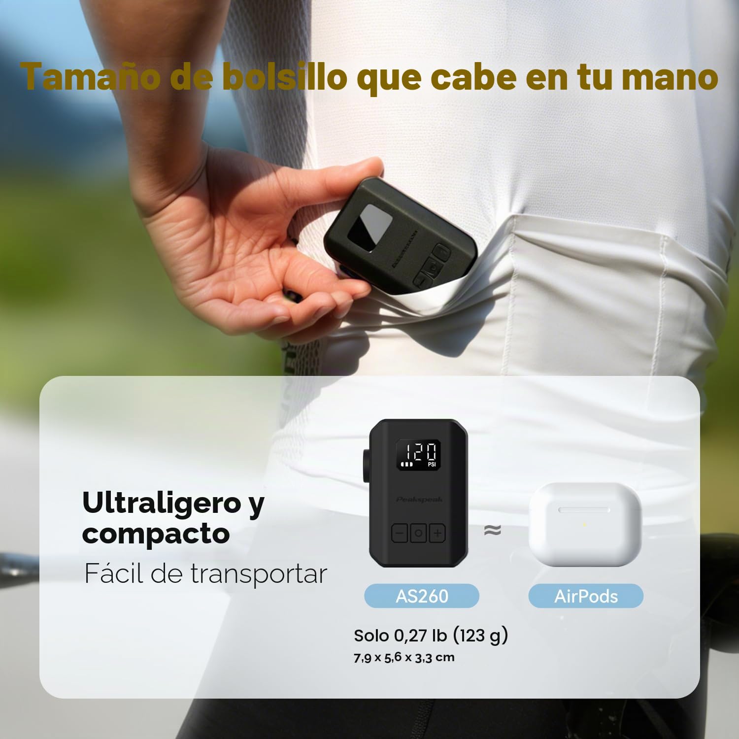 Peakspeak Mini bomba eléctrica para bicicleta AS260PRO, 120PSI bomba de bicicleta portátil con manómetro y parada automática, recargable por USB-C, inflado de precisión para válvulas Presta/Schrader