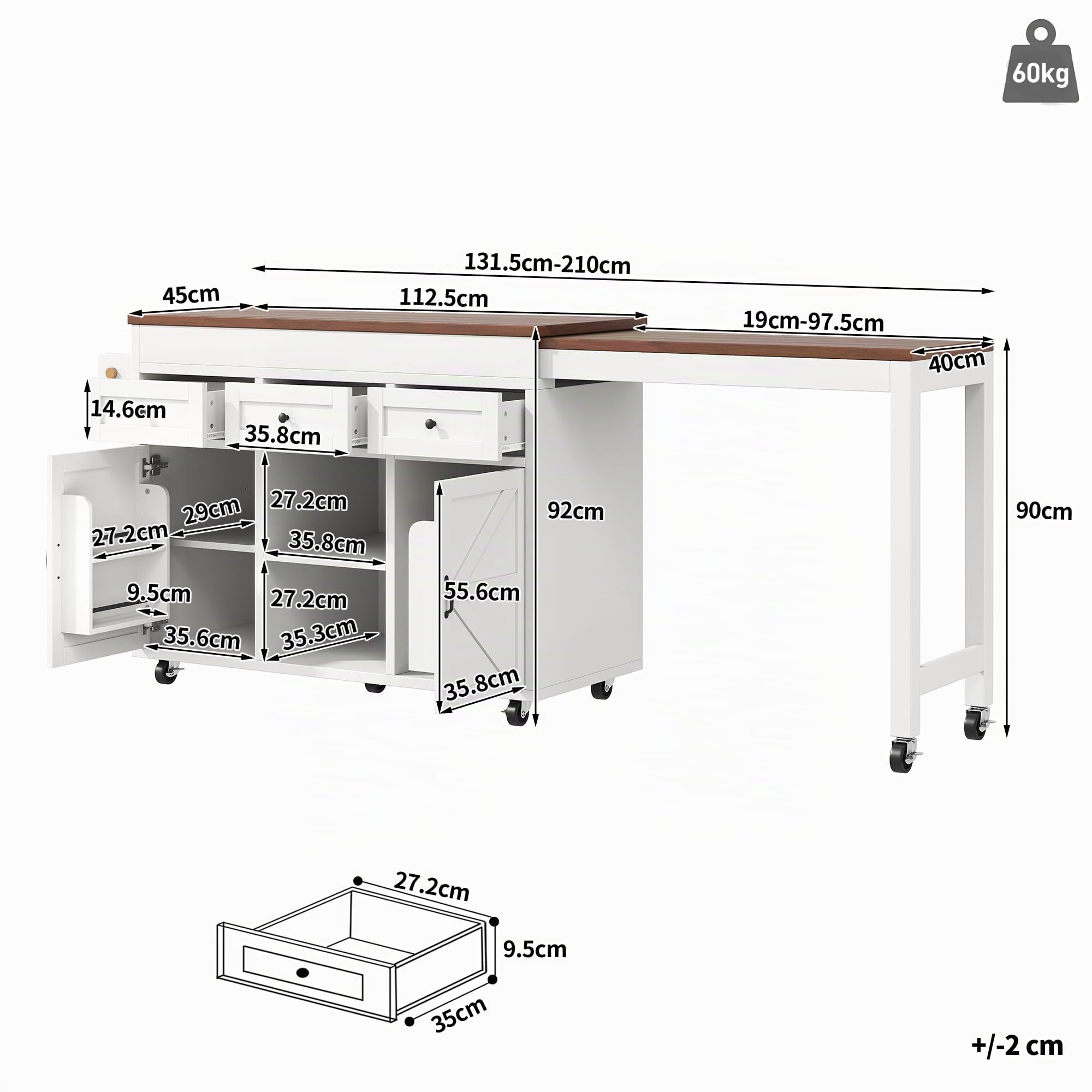 Kebnor Isola cucina con vano portaoggetti, tavolo da pranzo allungabile tavolo da bar (131,5-210 cm), girevole a 360°, con cassetti e armadi, piano di lavoro versatile per cucina, sala da pranzo e