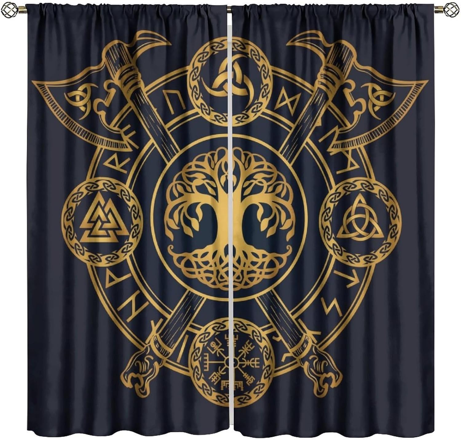 Viking Curtains Tree of Life Hatchet Pattern Blackout Print Rod Pocket Window Drapes for Bedroom Living Room 42x54in