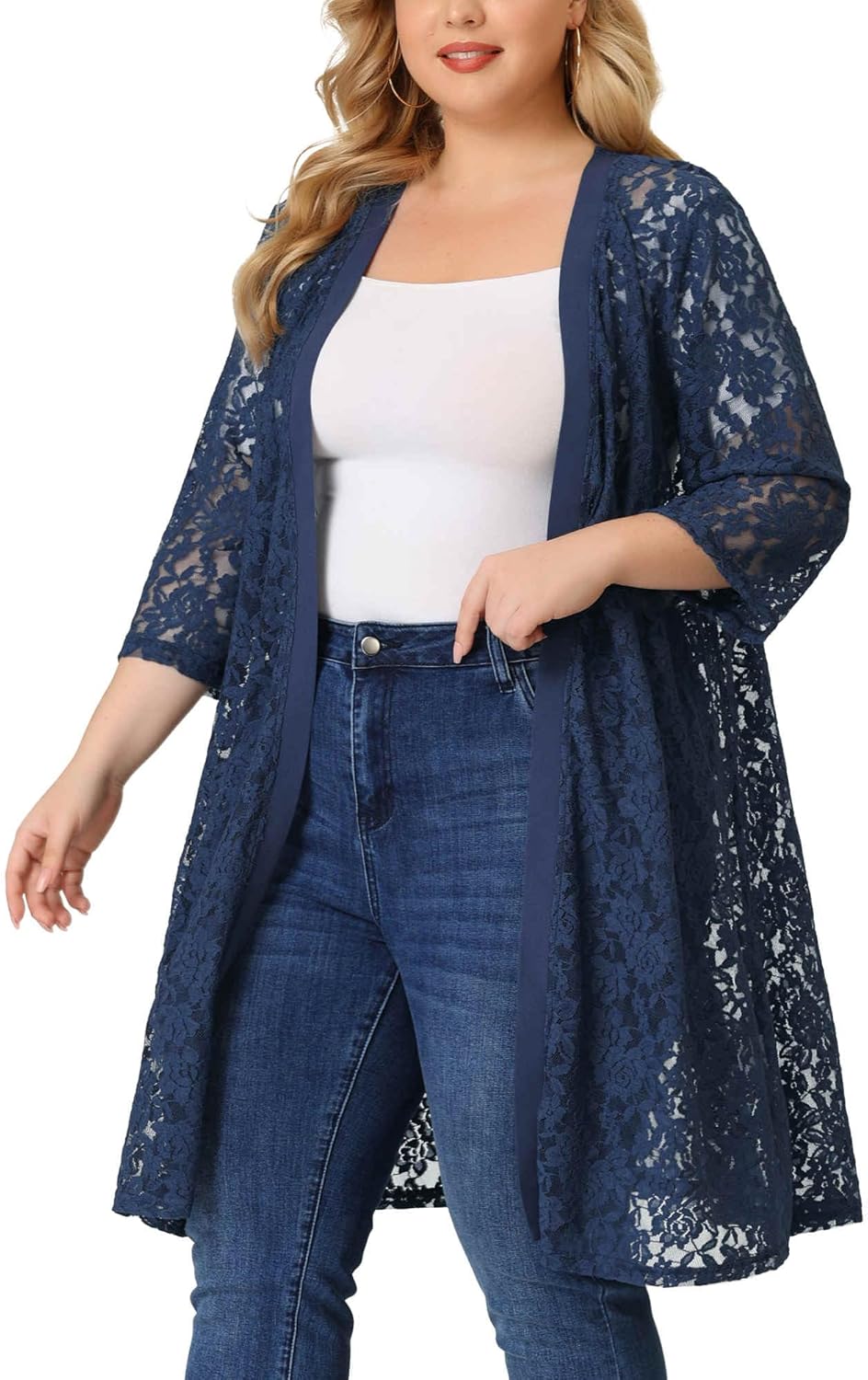 Agnes Orinda Plus Size Cardigans for Women Lace Cardigan Lightweight Crochet 3/4 Sleeve Cover Up Jacket