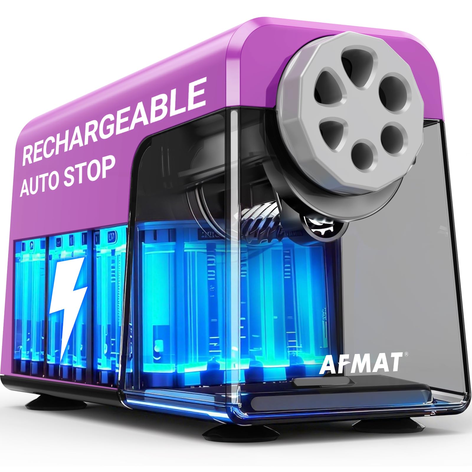 AFMAT Sacapuntas eléctrico de 6 agujeros con contenedor, autostop y almacenamiento de lápices, recargable, resistente, sacapuntas eléctrico para 6 – 11 mm n.º 2/grande/lápices de colores, 10.000