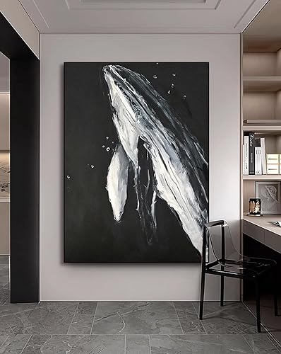 Miniatura 5 de Lienzo decorativo de ballena blanca y negra para sala de estar, pintura al óleo de animales pintada a mano para dormitorio, obra de arte de océano