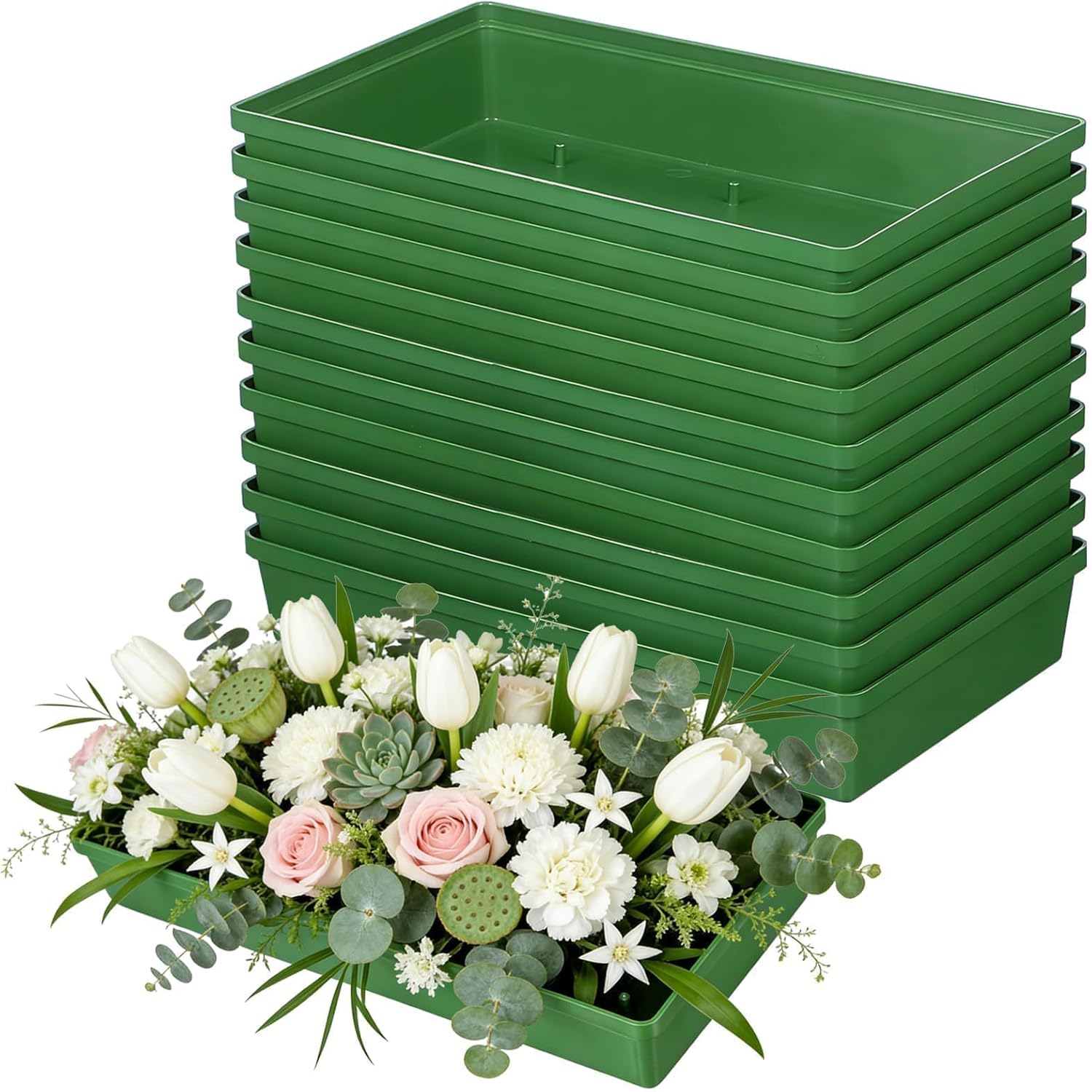 10PCS Large Floral Foam Trays for Flower Arrangements,10.6inch Green Flower Base with Pins for Table,Plastic Floweres Holder Rectangle Floweres Plates for Weddings,Reusable Floral Base for Centerpiece