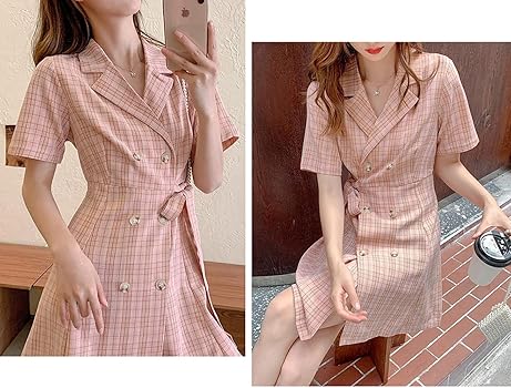 Leilian ピンク系チェック 半袖ワンピース Amazon.co.jp: [Bestmood]半袖ワンピース レディース チェック柄