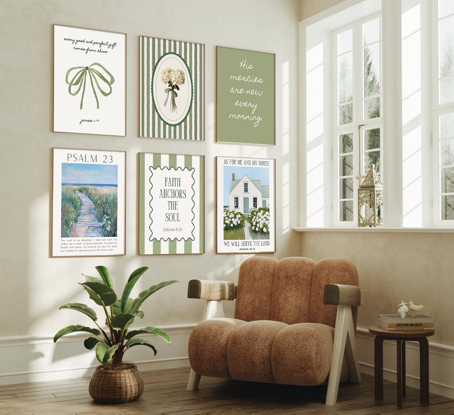 6Pcs Sage Green Christian Wall Art Bible Verse Canvas Poster Green Bow Inspirational Religious Prints Faith Anchors the Soul Art Prints Jesus Posters for Living Room Bedroom 12x16 Inch Unframed