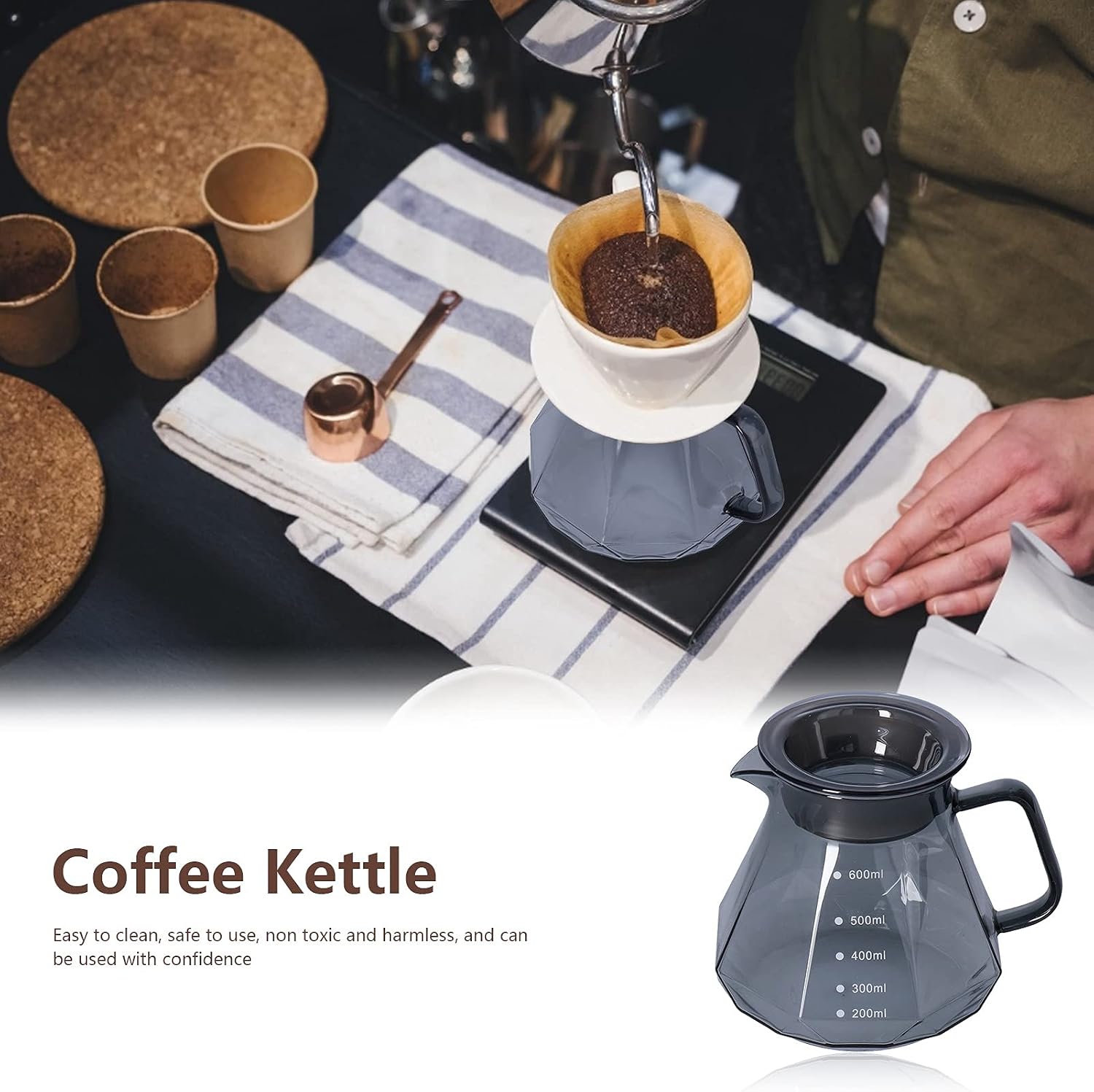 Pour Over Coffee Maker, 20oz/600ml Glass Coffee Pot Server with Lid, Heat Resistant Coffee Carafe Tea Kettle Dispenser Glass Decanter for Home, Office, Café, Camping