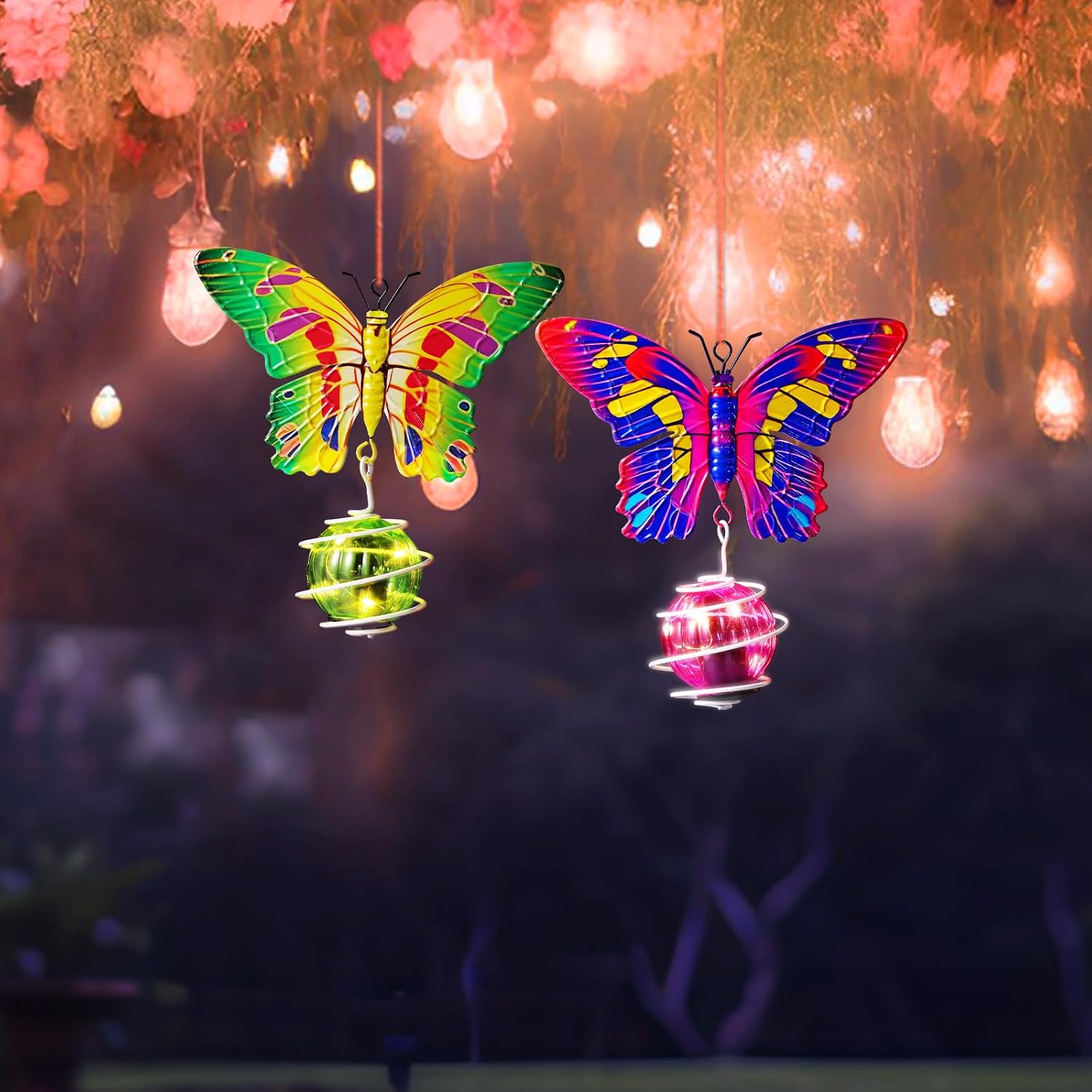 Baquler 2 Pcs Solar Butterfly Garden Hanging Decoration, Butterfly Fairy Lights Outdoor Waterproof Metal Lantern for Patio Yard Lawn Balcony Ornament Birthday Women Gifts (Green,Purple)