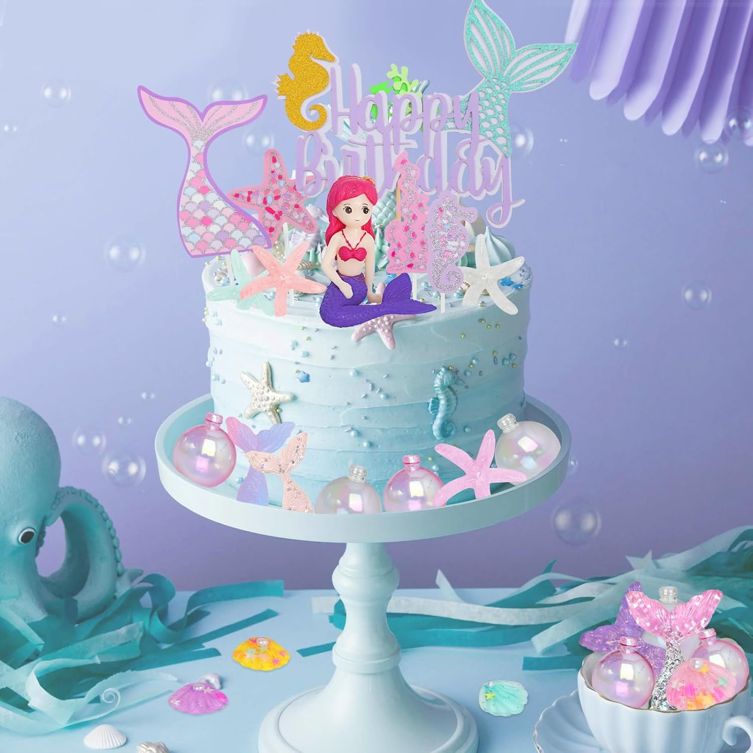Mermaid Cake Toppers for Girl 30pcs Little Mermaid Figurine Under The Sea Ocean Cake Decor Seaweed Bubble Starfish Shell Mermaids Tail Cupcake Picks for Mermaids Princess Birthday Baby Shower - Image 7