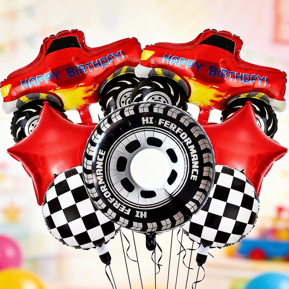 7PCS Racing Theme Self-Sealing Balloons - Party Balloons for Birthday Decorations, Car Themed Party Supplies (Red/Black/White)