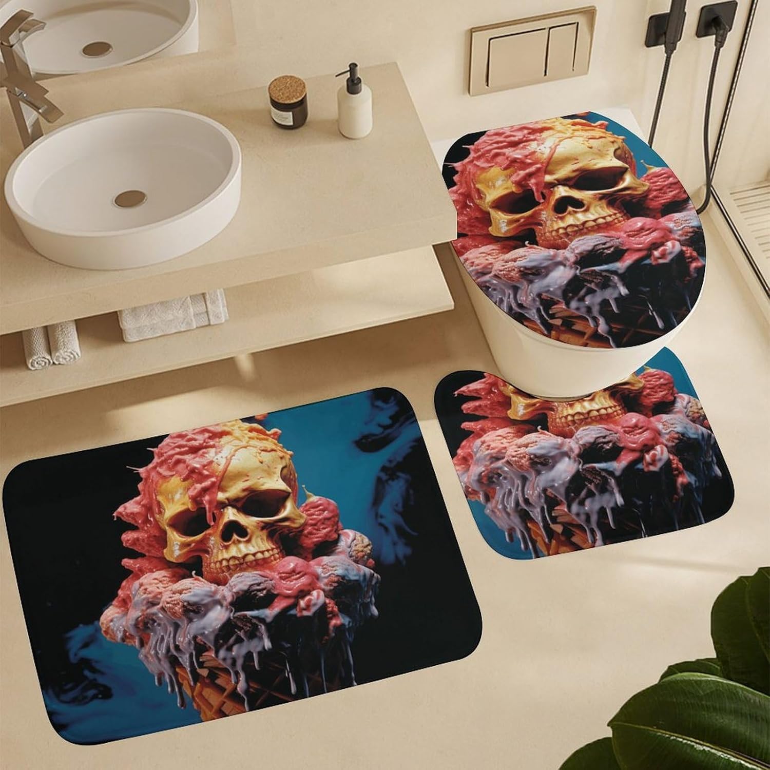 Egg Rolls and Skulls 4Pcs Shower Curtain Set with Non-Slip Rugs, Toilet Lid Cover and Bath Mat,Bathroom Set Decor Accessories,Curtain Set with 12 Hooks, 72 X 72 Inch