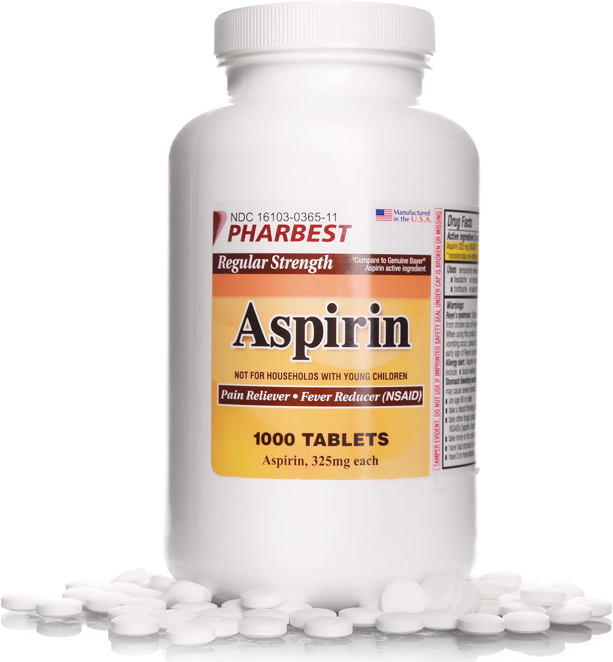 PHARBEST Aspirin 325 mg | Regular Strength | 1000 Count Uncoated Tablets