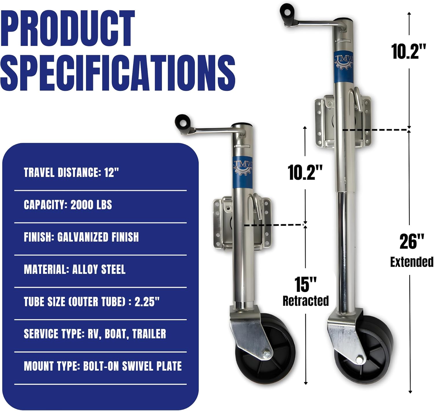 Jeremywell 2000lbs Trailer Jack with Double Wheel, Adjustable 12" Lift Travel, Boat On for Boat RV Utility, Swivel Tongue Towing Dual Wheel