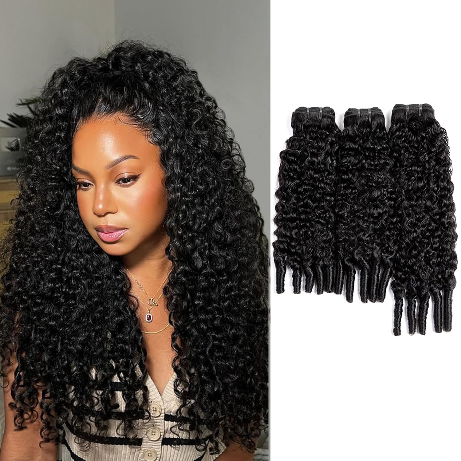 Burmese Curly Bundles Human Hair with Spiral Ends 3C 4A Water Wave 3Pcs Burmese Curly Bundles Human Hair Extensions for Women (16 18 20 Inch, Natural Black)