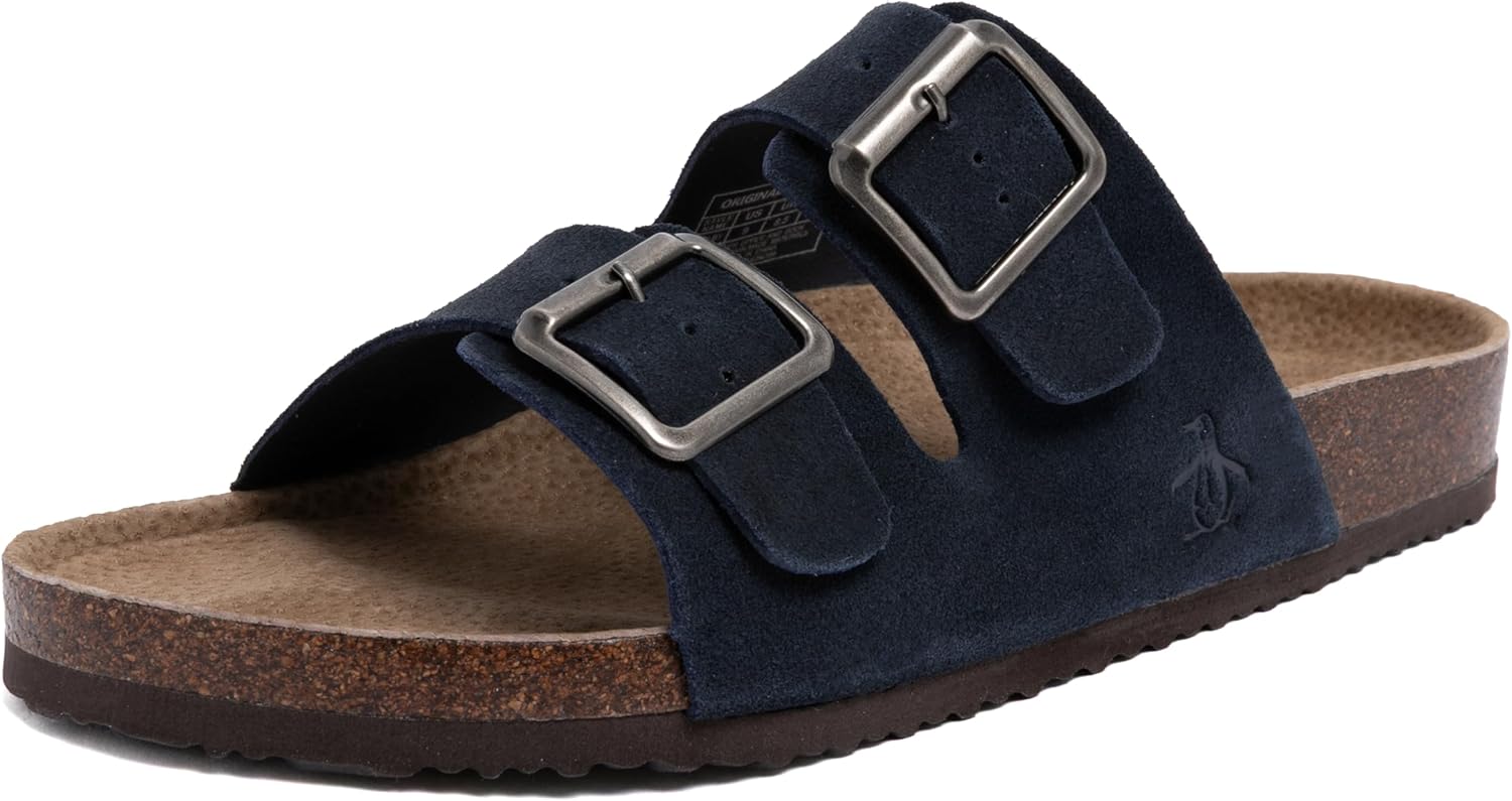 Original Penguin Men's Leather Slide Sandals Adjustable Double Buckle Comfort Footbed Casual Shoes