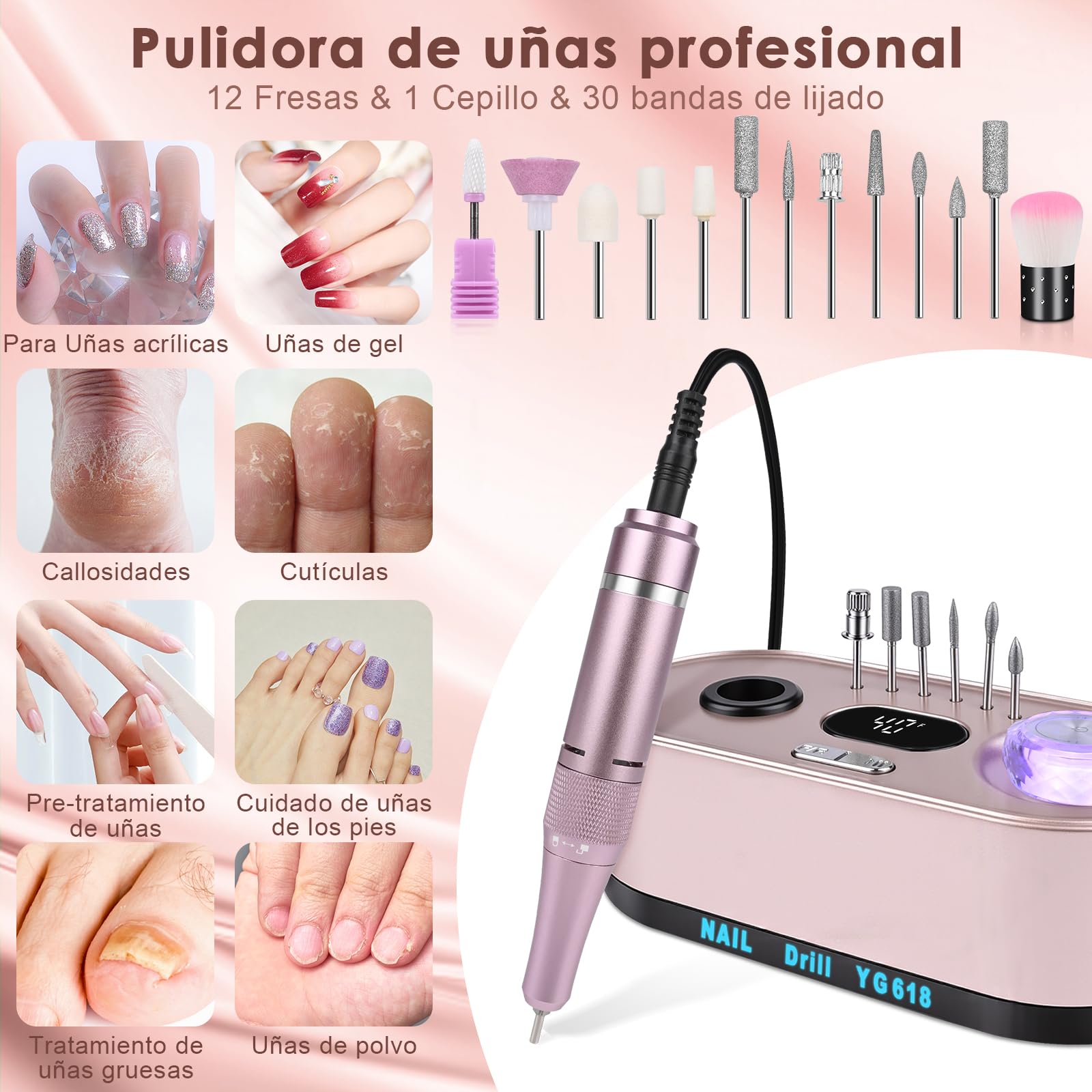 Torno para Uñas 12 in 1 Torno Para uñas Profesional 40000 rpm, Lima Electrica Uñas,Velocidad Ajustable,Pantalla LCD,Control de Botones Iluminados,Silencioso,para Uso Doméstico Salones de Uñas