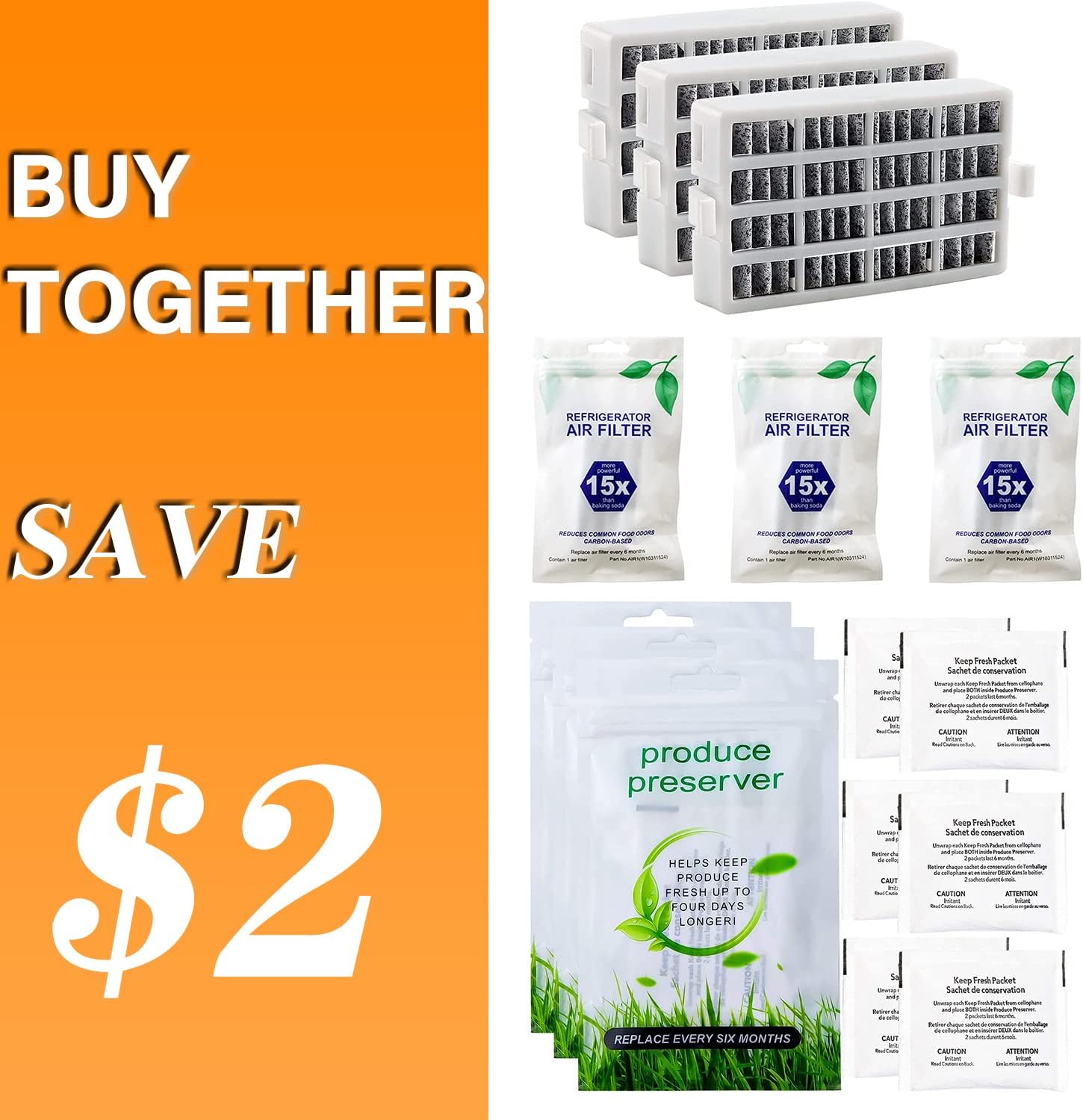 Funmit 3 Pack W10311524 AIR1 FreshFlow Air Filter Replacement and 6 Pack W10346771A FreshFlow Produce Preserver Replacement for Whirlpool Refrigerator