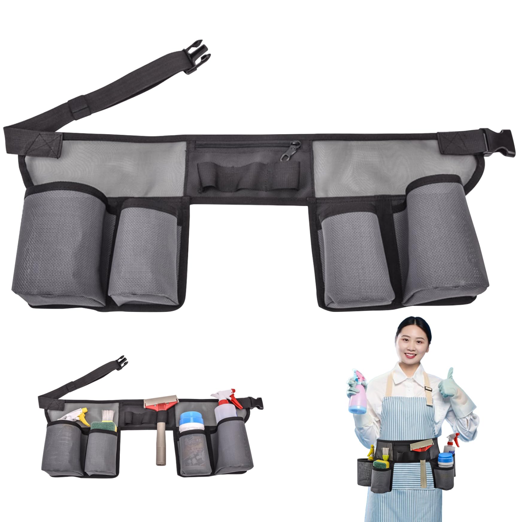 Cleaning Apron for Housekeeping, Window Cleaning Belt with 4 Pockets, Adjustable Tool Pouch Housekeeping Supplies Nylon Mesh Tool Belt Portable Gardening