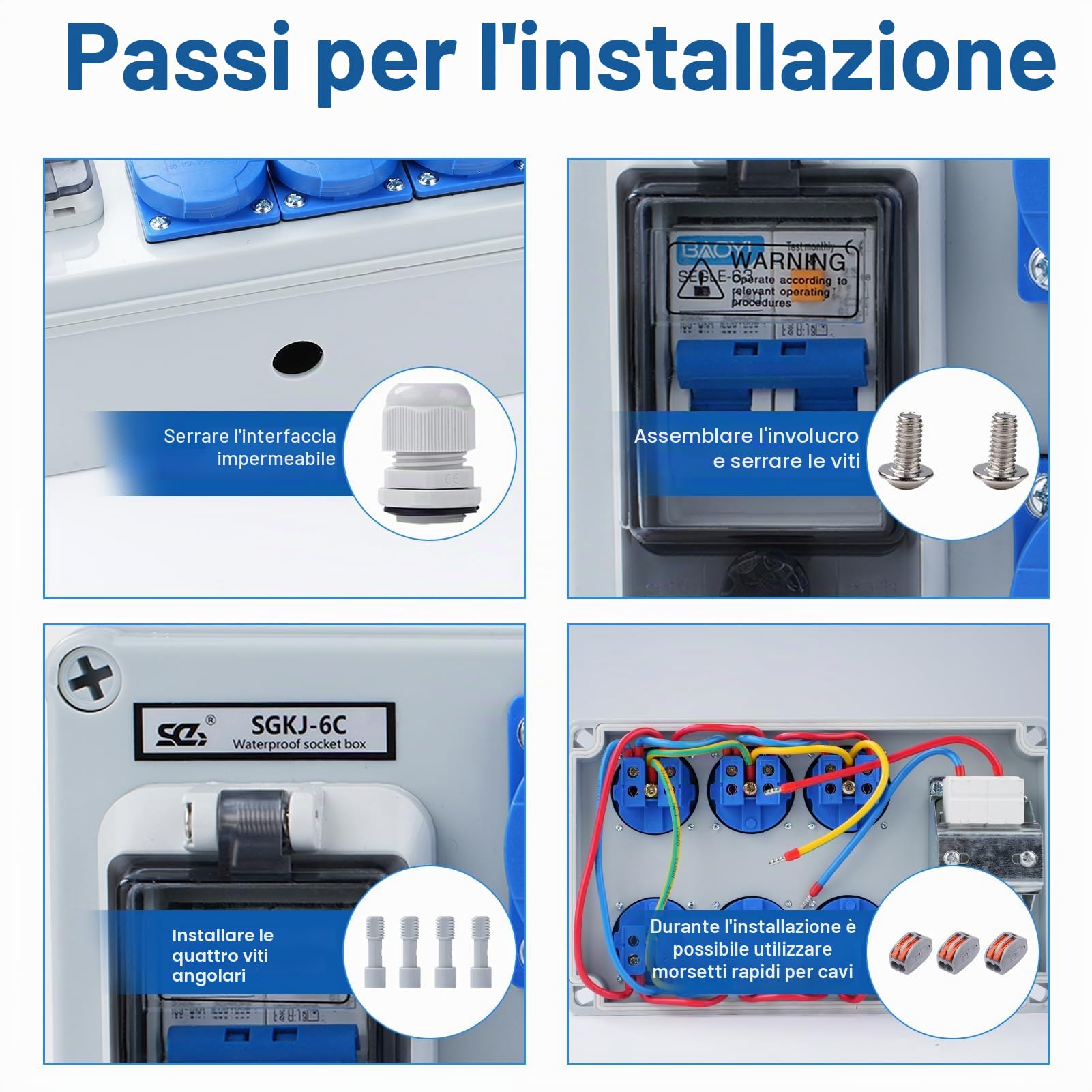 Distributore di corrente Buyweek con protezione dalle perdite RCD 50A 1P+N, scatola di distribuzione a parete con interruttore FI e prese Schuko, IP54 impermeabile(6-Way)