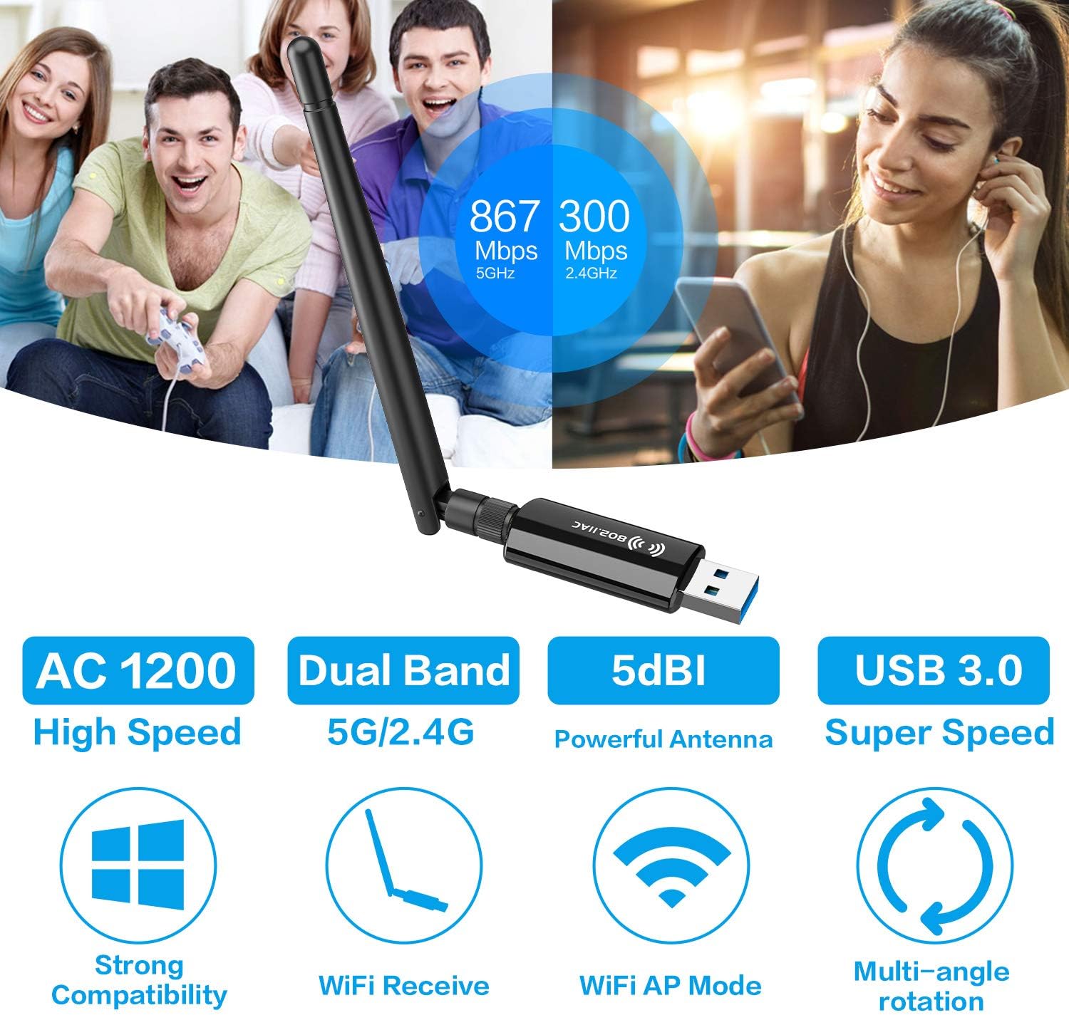 Wireless USB WiFi Adapter for Desktop - 1300Mbps 5G/2.4G 802.11AC 5Dbi Antenna WiFi Card for PC Laptop USB 3.0 Windows 10/8.1/7 Mac 10.6/10.15 Wireless Card- USB Computer Network Adapters for Gaming : Electronics