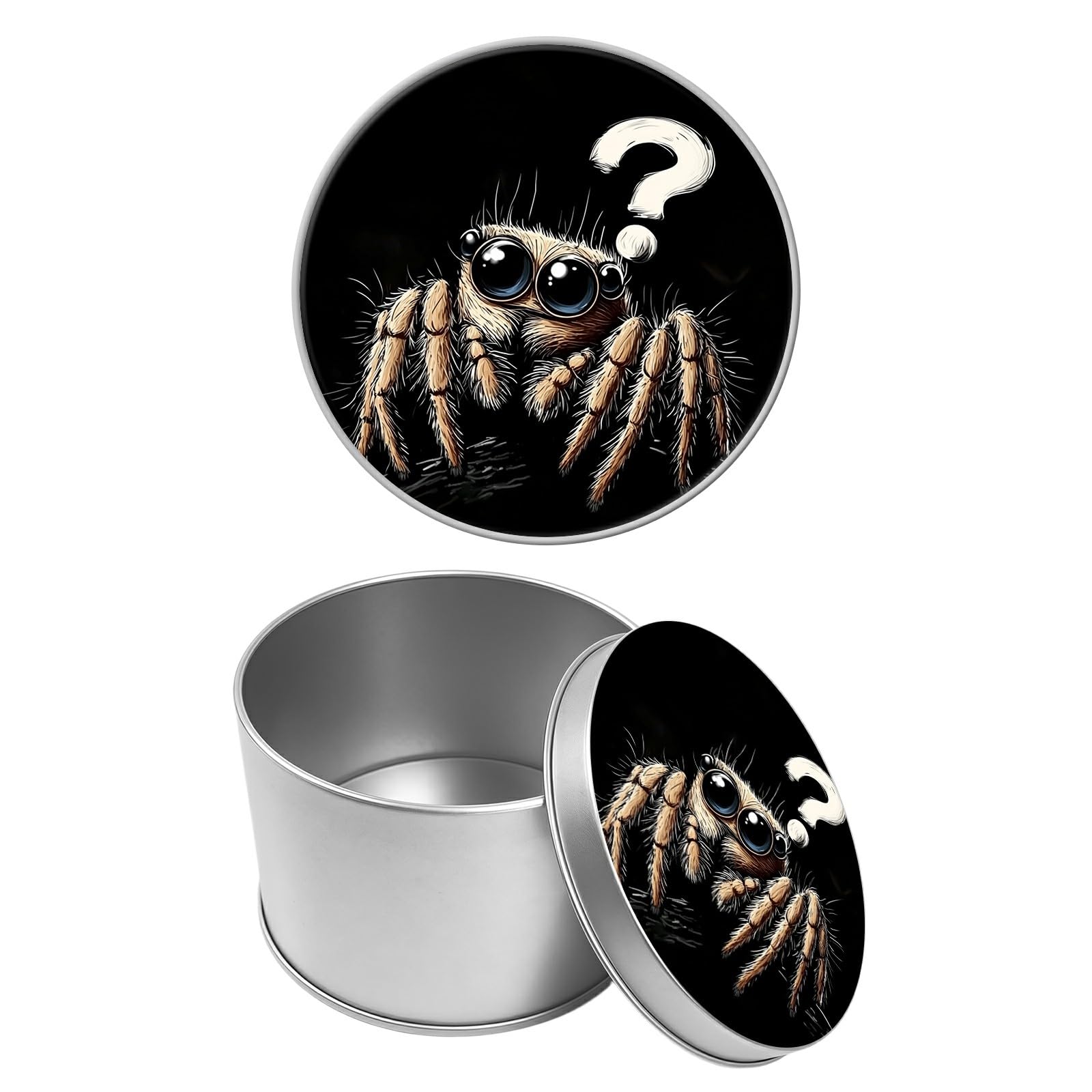 Round Metal Tin Container with Removable Lid, Confused Spider Durable Metal Storage Box for Cookies Spices Tea Candies Cakes Jewelry Cosmetics 3.54 x 2.36 inch– Single Pack