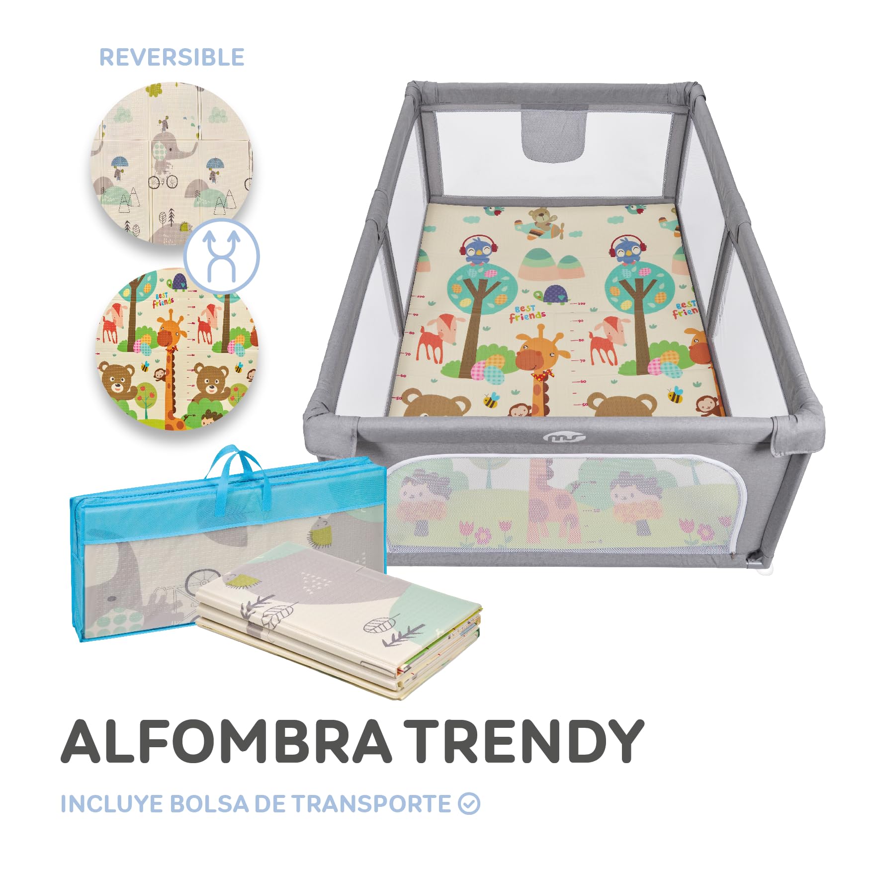 MS Kinderbox XXL speelmat voor baby's, 180 x 200 cm, dubbelzijdig, sterk gevoerde mat (1 cm dik), opvouwbaar en met draagtas