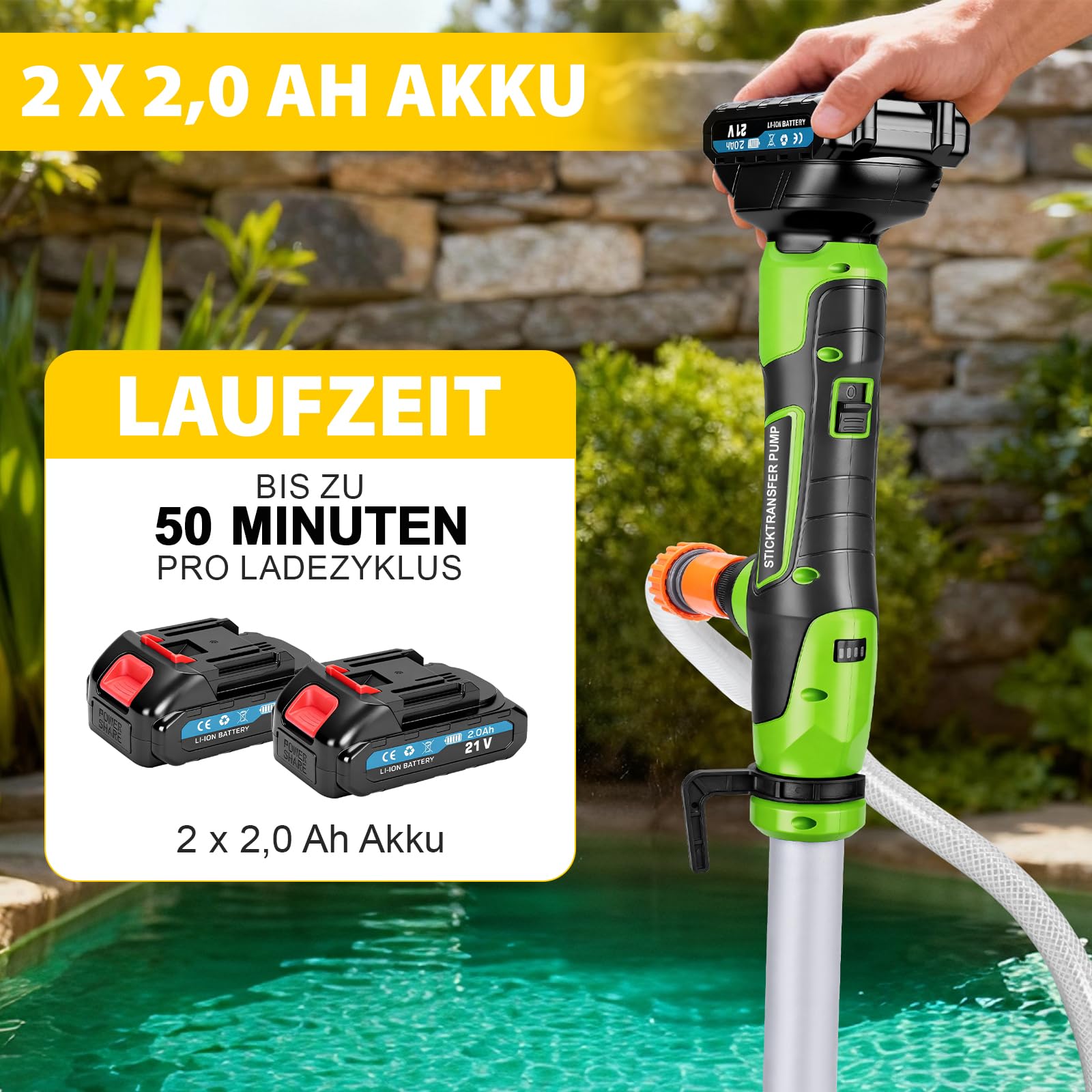Pompe à eau à batterie avec 2 batteries rechargeables, pompe à eau sans fil, débit maximal 3000 l/h et hauteur d'alimentation 10 m, pompe à pression submersible compatible avec batterie Makita de