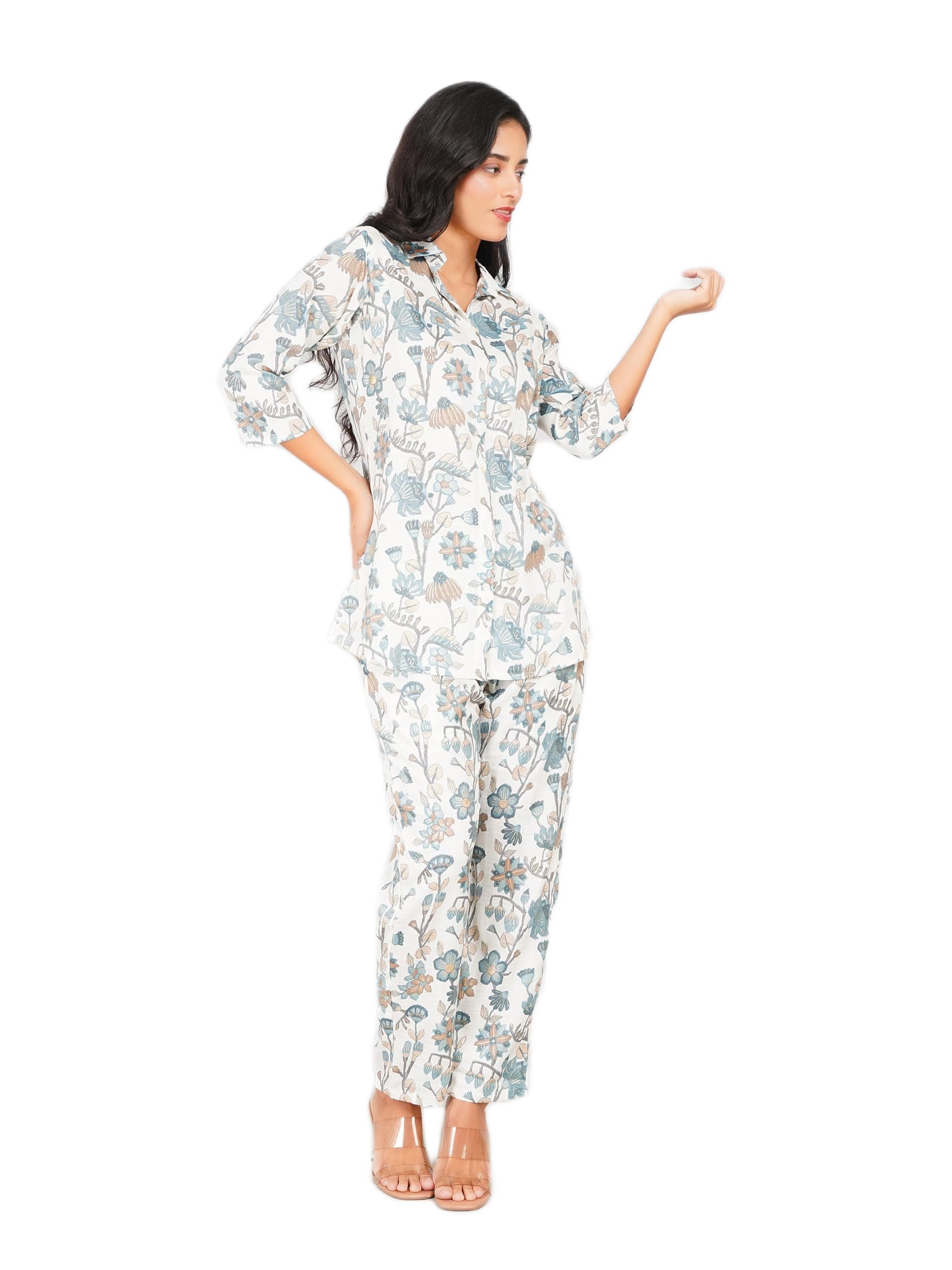 Women Floral Printed Top and Pant Co-ord Set, Ivory Multi, Three-Quarter Sleeve, Straight Fit-picture-33