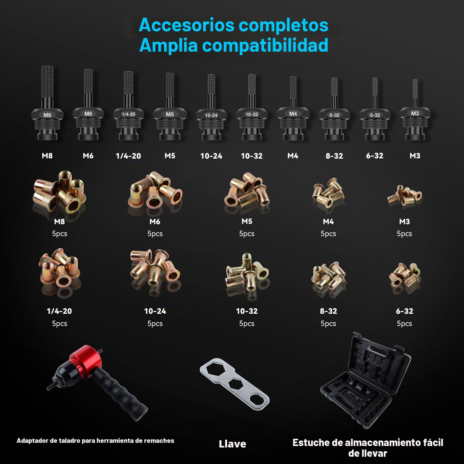 YUZES Adaptador de Tuerca de Remache para Taladro inalámbrico eléctrico, Kit de Pistola de Remache Que Ahorra Mano de Obra con 5 Mandriles métricos y 5 SAE y 50 Tuercas de Remache Surtidas, Funda de