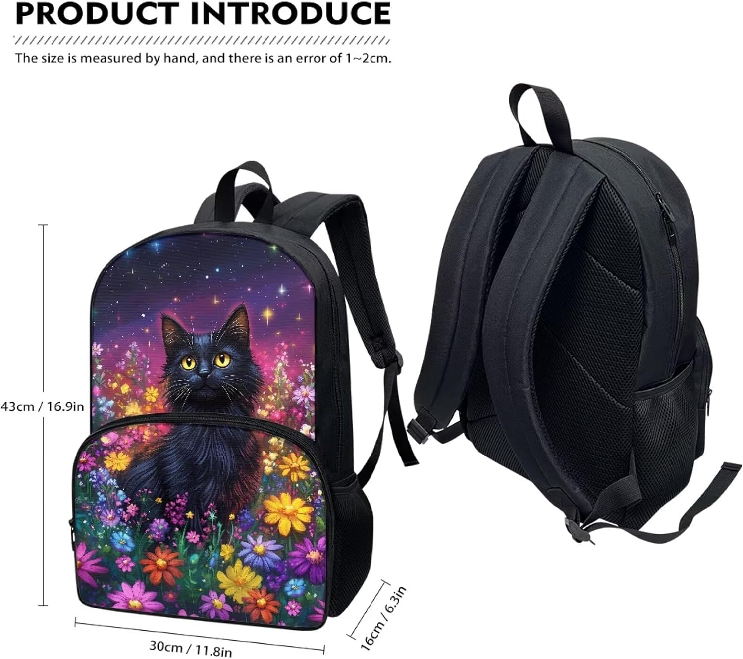 chaqlin Black Cat Flower Prints Backpack for Girls Lightweight Bookbag Primary School Daypack Elementary Students Knapsack