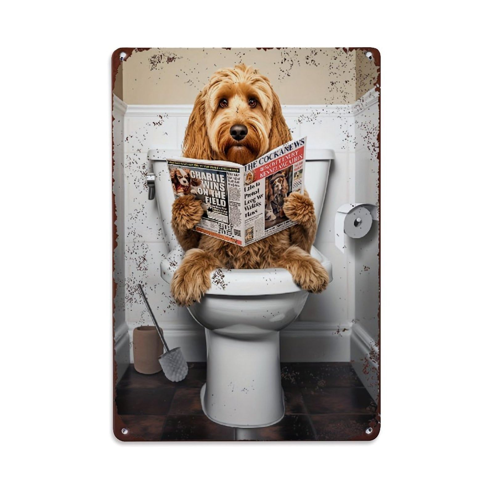 Bliveurn Vintage Dog Reading Newspaper On Toilet Retro Metal Tin Sign, Metal Poster For Home, Gaming Room, Studio Workshop,Bar,Garage Wall Art Decor 8X12 Inch