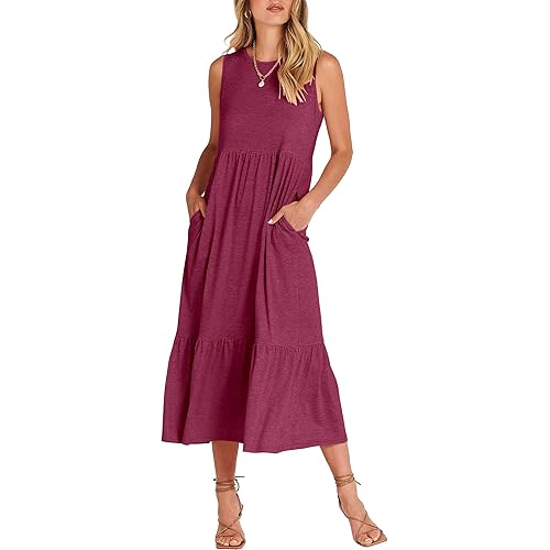 ANRABESS Women's Summer Casual Sleeveless Crewneck Swing Sundress Fit & Flare Flowy Tiered Maxi Dress with Pockets