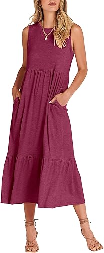 ANRABESS Women's Summer Casual Sleeveless Crewneck Swing Sundress Fit & Flare Flowy Tiered Maxi Dress with Pockets