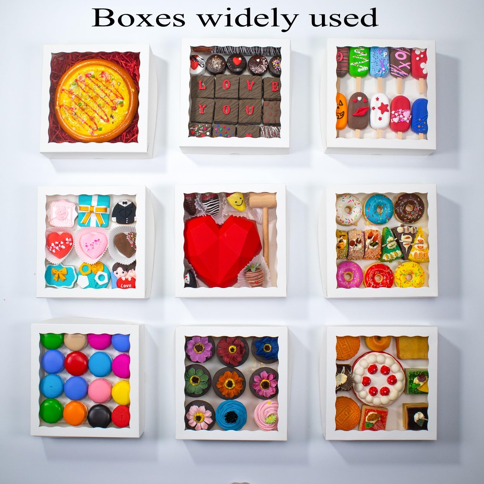 RomanticBaking 14 cajas de panadería de 9 x 9 x 2.5 pulgadas con ventana, cajas de corazón rompibles, cajas de fresas cubiertas de chocolate, cajas de galletas