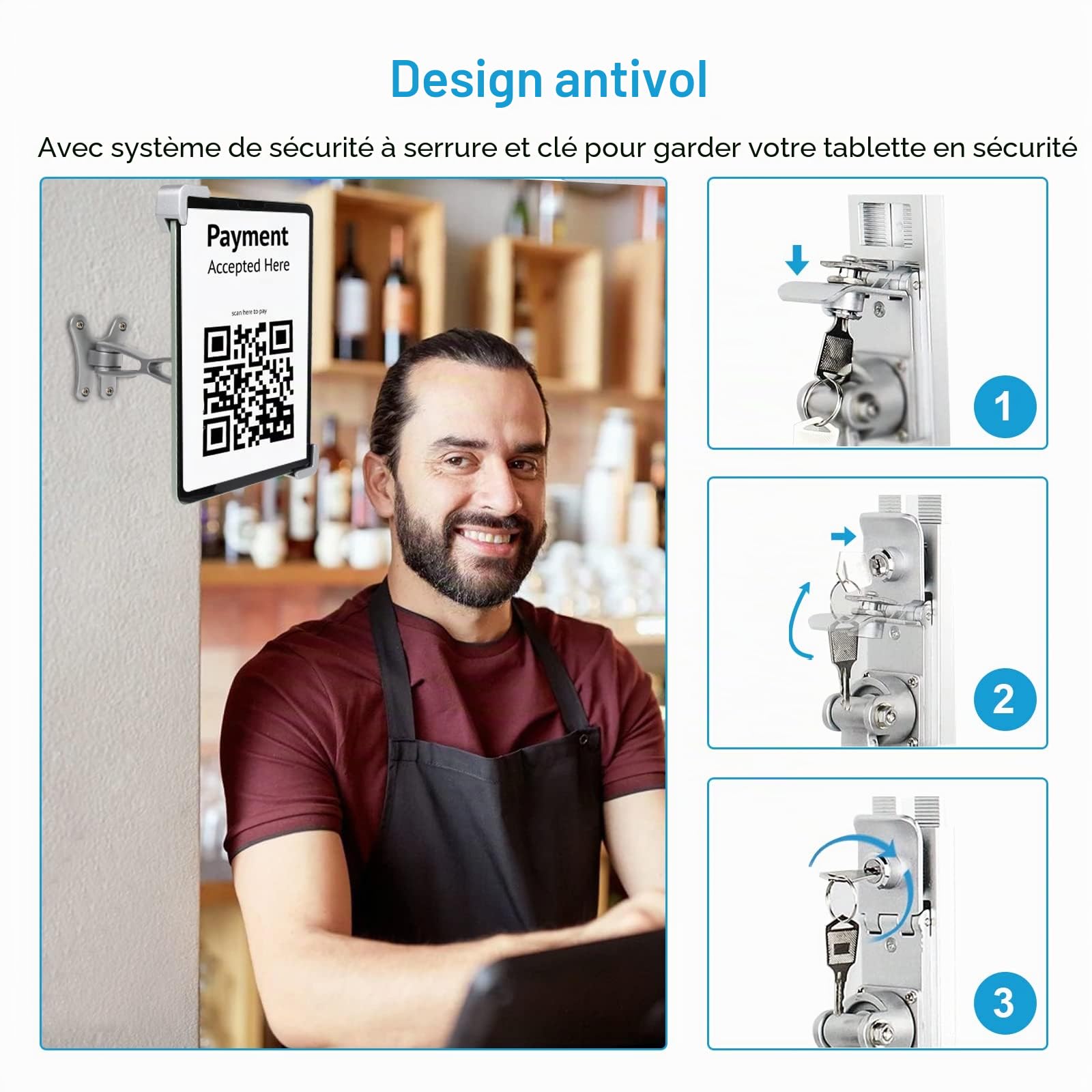 Oilcan Support Tablette Antivol Mural, Support Mural Tablette Verrouillable | pour Kiosk Caisse Comptoir, avec Verrou et Cle, Bras Réglable en Aluminium, pour iPad Pro Air, Galaxy Tab, Surface Pro, 9-14"