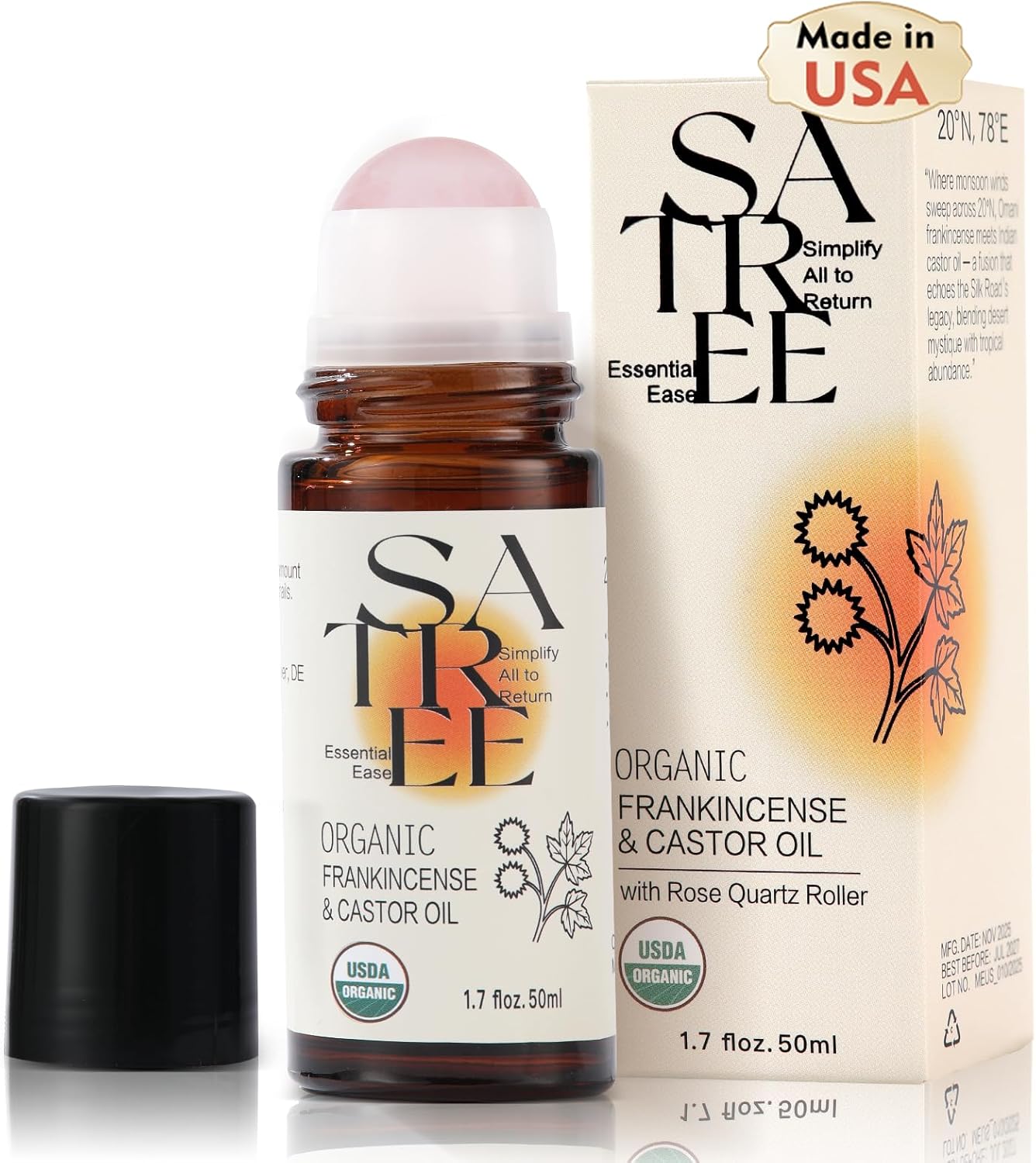 Organic Castor & Frankincense Oil with Rose Quartz Rollerball - USDA Certified Essential Blend Oil Roll-On, for Face & Body, Anti-Aging, Dark Circles (1.7fl oz)