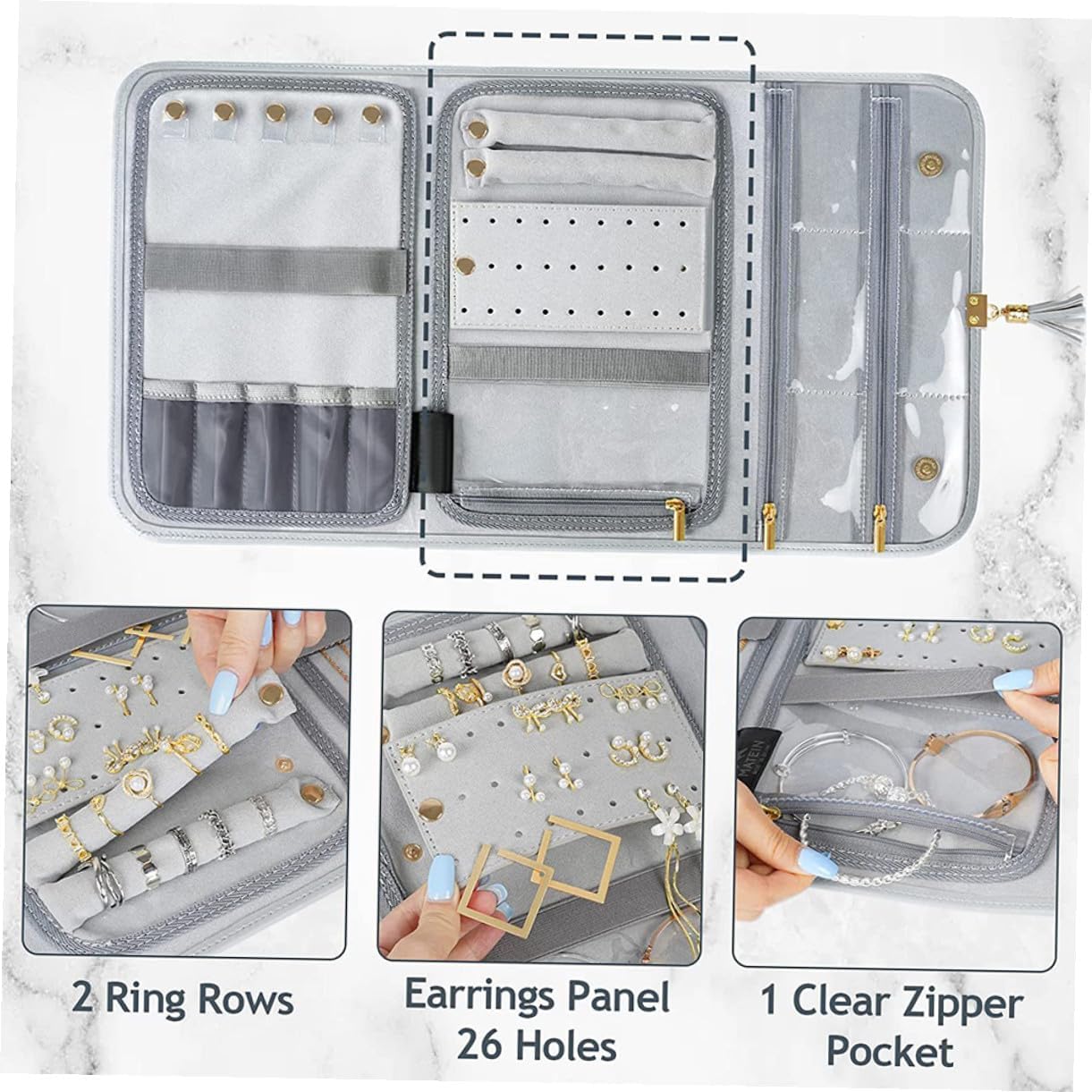 Garneck Large Capacity Gray Leather Jewelry Organizer Roll Bag with Zipper Travel Jewelry Storage Pouch for Women for Bracelets and Earrings
