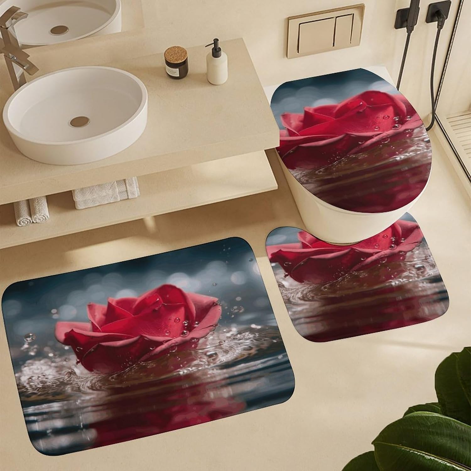 Flowers Fall in Water 4Pcs Shower Curtain Set with Non-Slip Rugs, Toilet Lid Cover and Bath Mat,Bathroom Set Decor Accessories,Curtain Set with 12 Hooks, 72 X 72 Inch