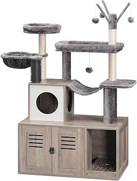 HOOBRO Large Hidden Litter Box, Cat Tree with 30.7'' Long Litter Box Enclosure, Modern Cat Tower, Cat Condos with Scratching Posts, Rubbing Post, Hammock and Teaser Sticks, Greige BG28MZ03G1