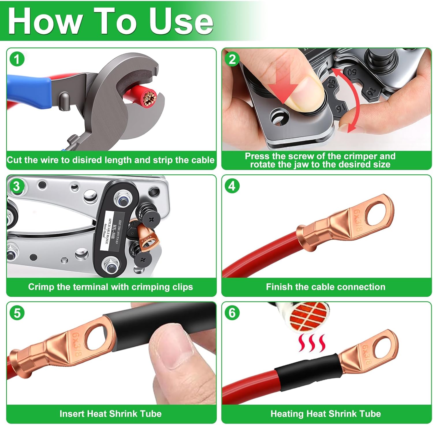 Twidec/Battery Cable Lug Crimping Tool Kit With 230PCS Battery Cable Ends AWG 8 6 4 2 1 1/0 Heavy Duty Copper Lugs Copper Cable Wire Lugs,Battery Cable Crimping Tool for AWG 10-1/0 with Cable Cutter