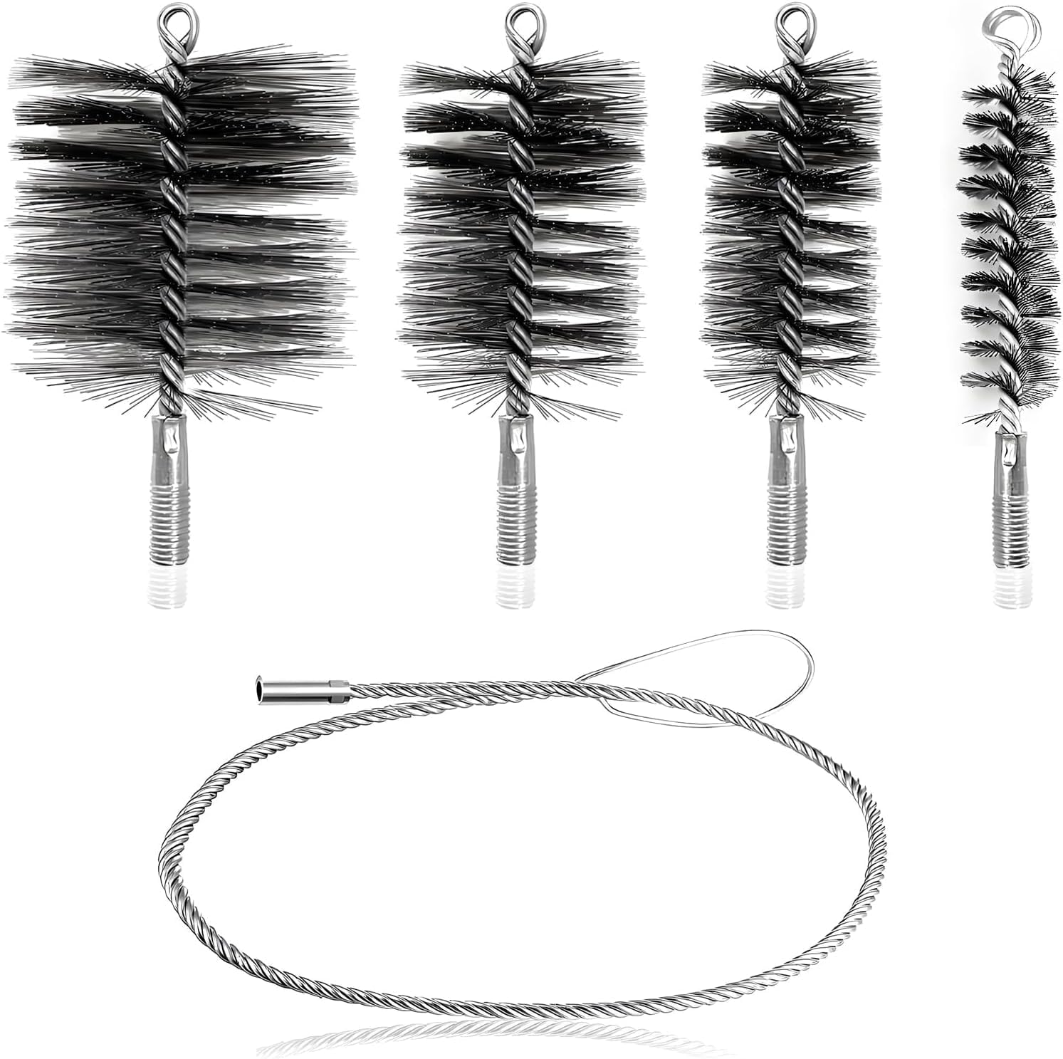 5 szt. szczotki do rur piecowych 150 mm, 80 mm, 50 mm, 30 mm, szczotka kominkowa zamiennik szczotki kominiarskiej, szczotka kominiarska ze stali nierdzewnej do czyszczenia rur piecowych i kominów.