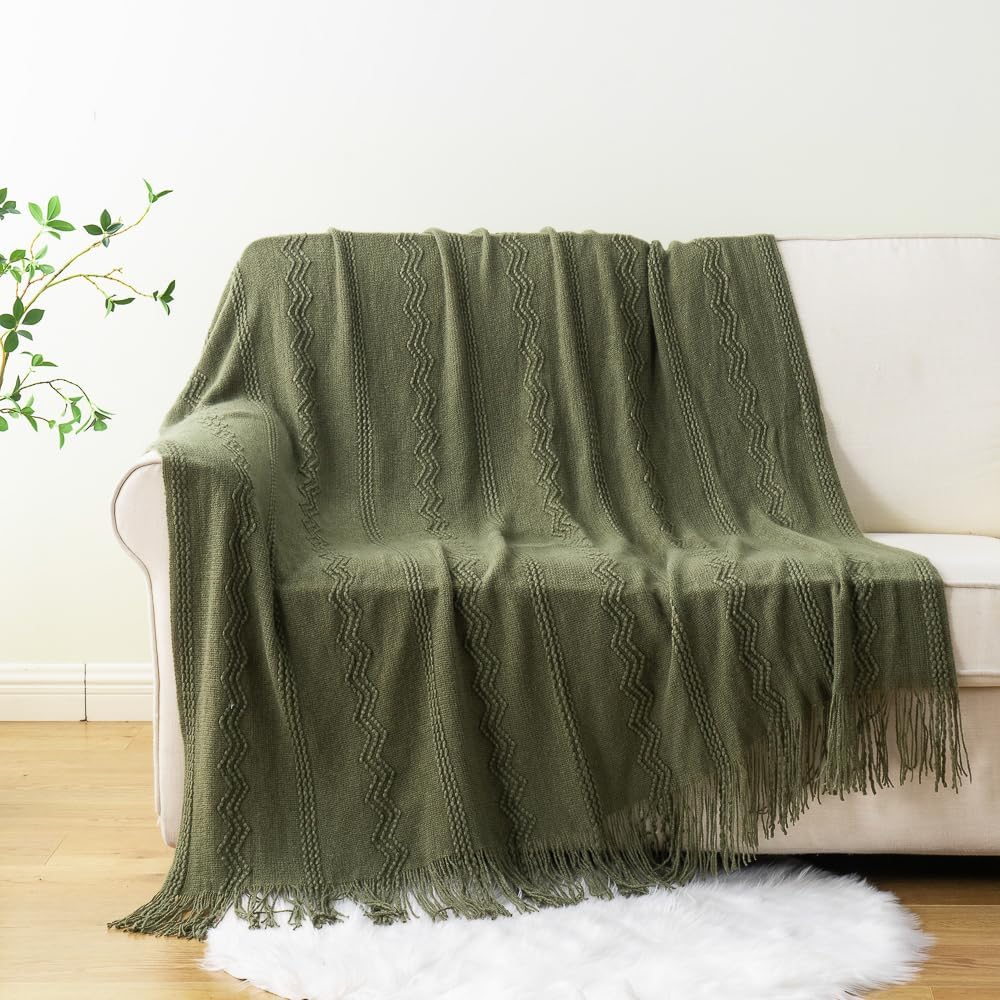 BATTILO HOME Olive Green Throw Blanket for Couch, Soft Army Green Blanket with Tassels for Home Decor, Decorative Knitted Throws for Couch Cover, 50"x60" - Image 3