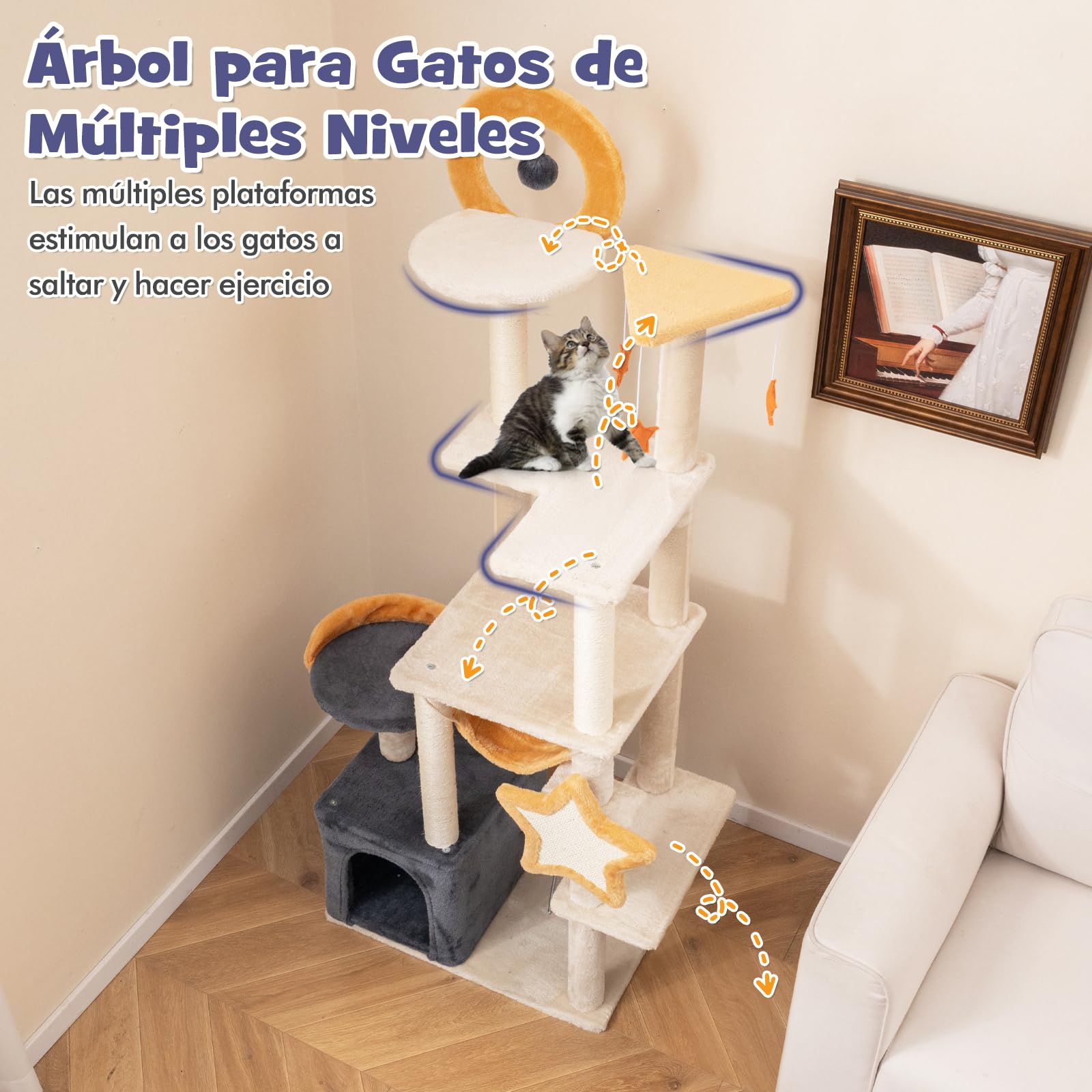 COSTWAY Árbol Rascador para Gatos, Altura 160cm, Rascador para Gatos de Varios Niveles con Postes de Sisal y Tablero, Condo, Plataforma y Perchas, Juguetes Colgantes, Tela de Felpa, Torre para Gatitos