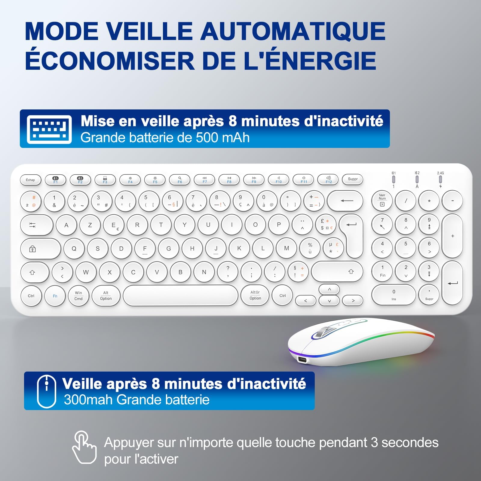 Cimetech Ensemble Clavier Souris sans Fil Rechargeable Multidispositifs (2,4 GHz+BT1+BT2), Combo Clavier Français et Souris avec Pavé Numérique pour Wins/Linux/MacOS (Blanc)