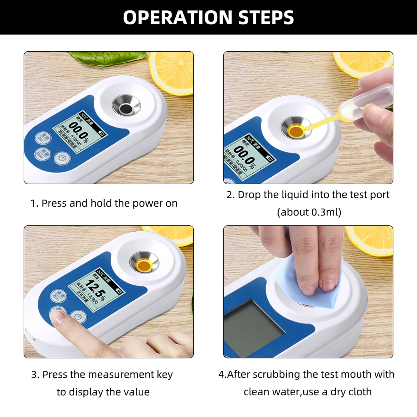 Medidor Brix, Refractómetro Digital Brix con Compensación Automática de Temperatura, Rango de Medición 0-55% y Precisión ±0.2%, Pantalla Retroiluminada y Prueba Rápida, para Jugos, Miel, Bebidas