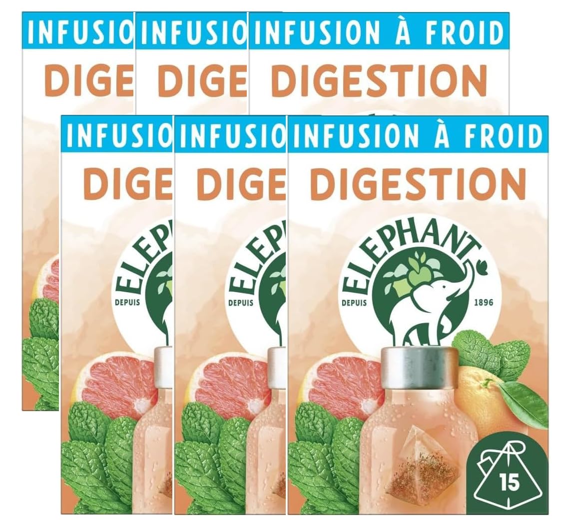 Elephant, Infusion à Froid Digestion, Eau Froide Aromatisée, Parfums Naturels Pamplemousse Menthe, Lot de 6 x 15 Sachets Individuels, 90 Sachets Pyramid