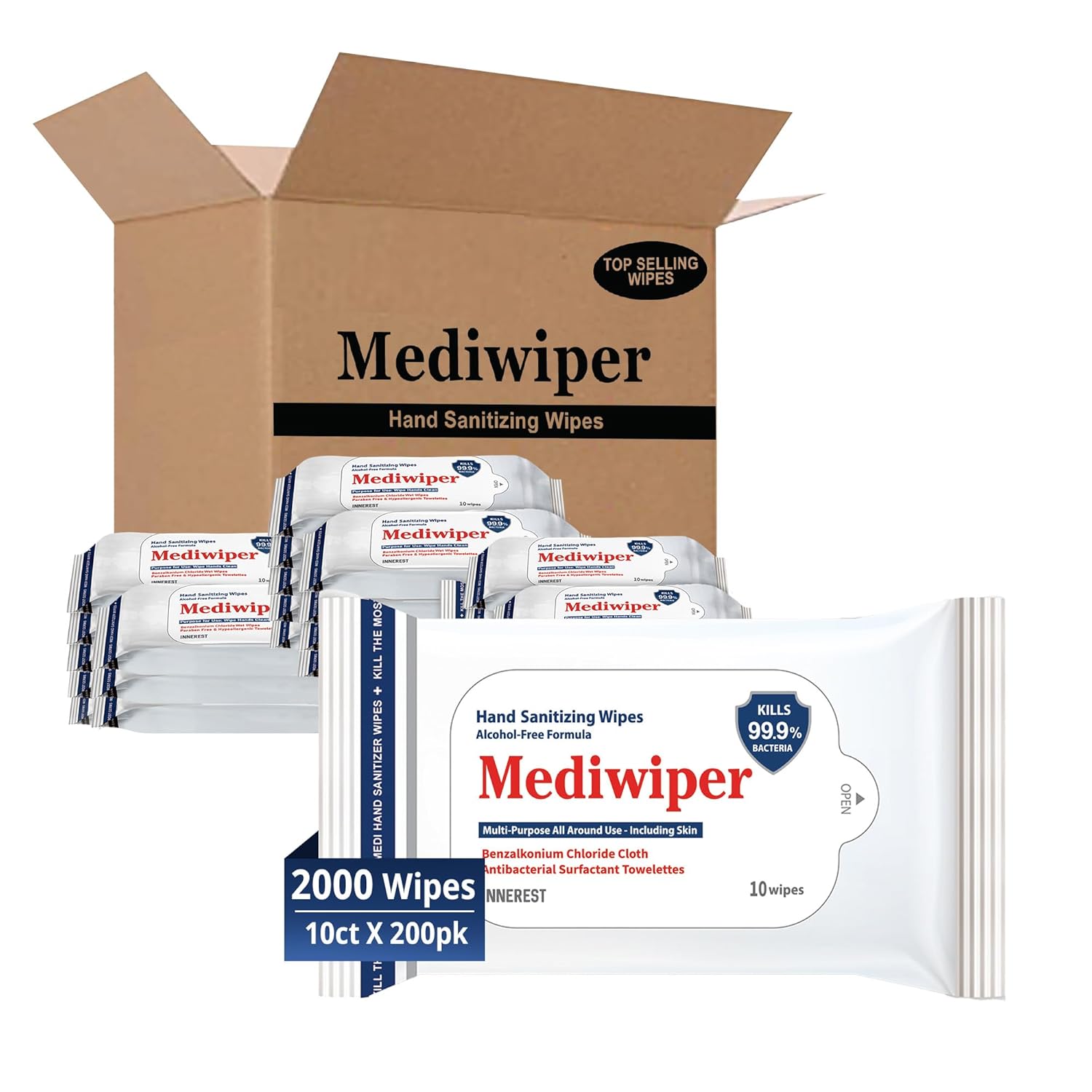 MEDIWIPER 10count Unscnted Alcohol-Free Hand Sanitizing Wipes, Antibacterial Wet Wipe, Hand Sanitizer (2000 Wipes (10 * 200))