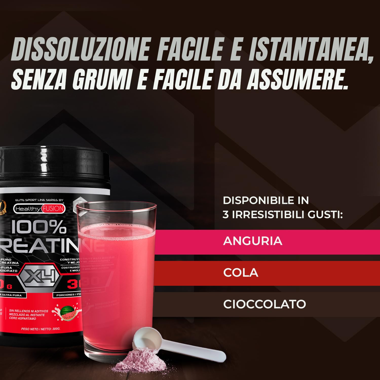 Healthy Fusion 100% Creatina Monoidrato, Alta dose | 10g di Creatina per porzione | Favorisce la crescita muscolare e migliora la resistenza fisica | Alta solubilità | 300g gusto anguria